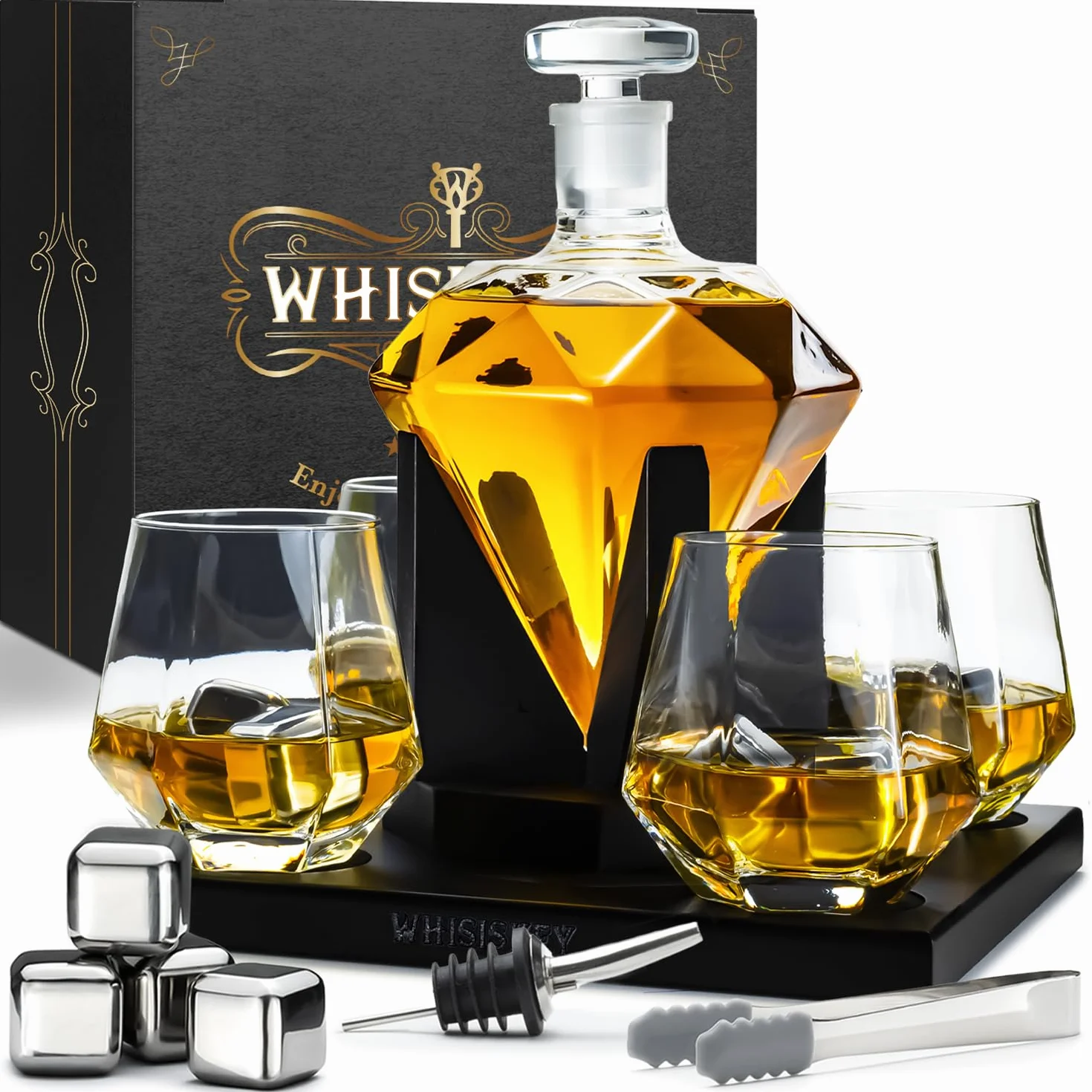 WHISISKEY Zestaw Karafka do Whisky - Zestaw Prezentowy Whiskey - Prezenty dla Mężczyzn - Pomysły na Prezent dla Mężczyzny - Diamentowa Karafka 1000ML, 4 Szklanki do Whisky, 4 Kamienie do Whisky