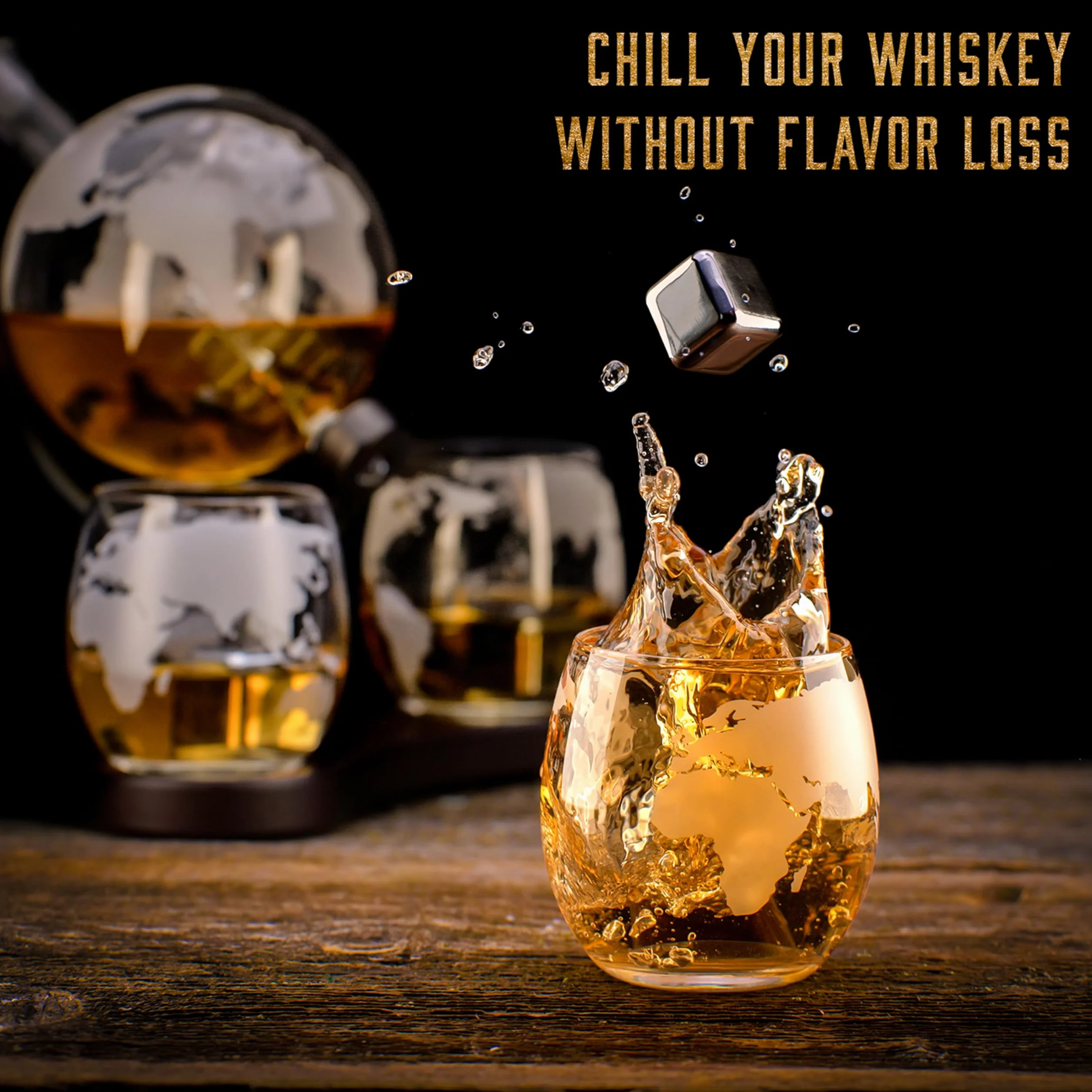 WHISISKEY Zestaw Karafka do Whisky - Zestaw Prezentowy Whiskey - Prezenty dla Mężczyzn - Pomysły na Prezent dla Mężczyzny - Kulista Karafka 900ML, 4 Szklanki do Whisky, 4 Kamienie do Whisky
