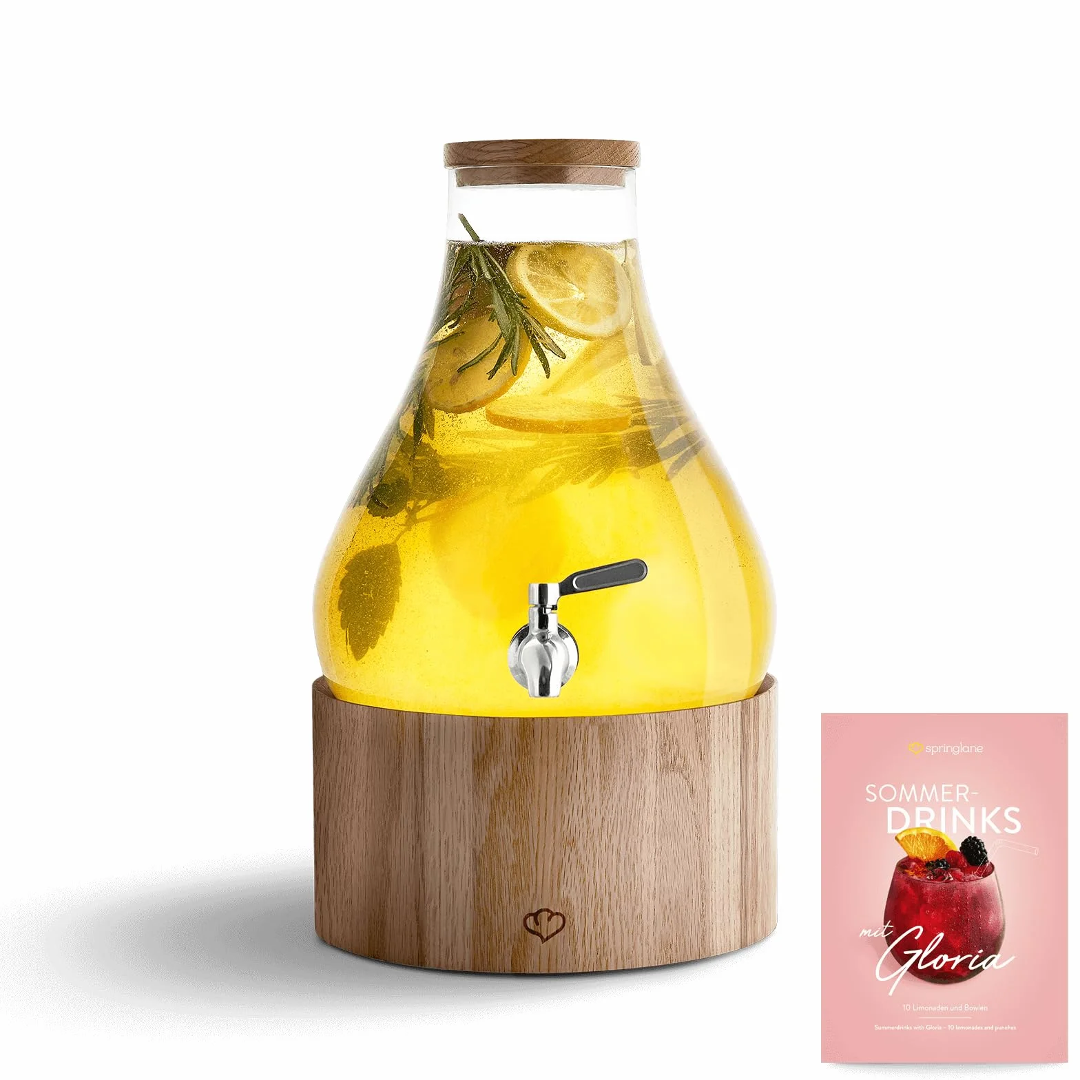SPRINGLANE szklany dozownik do napojów 5,5 l Gloria z kranikiem i stojakiem ze stali nierdzewnej z drewna dębowego, dozownik lemoniady, Vintage Design Mason Jar