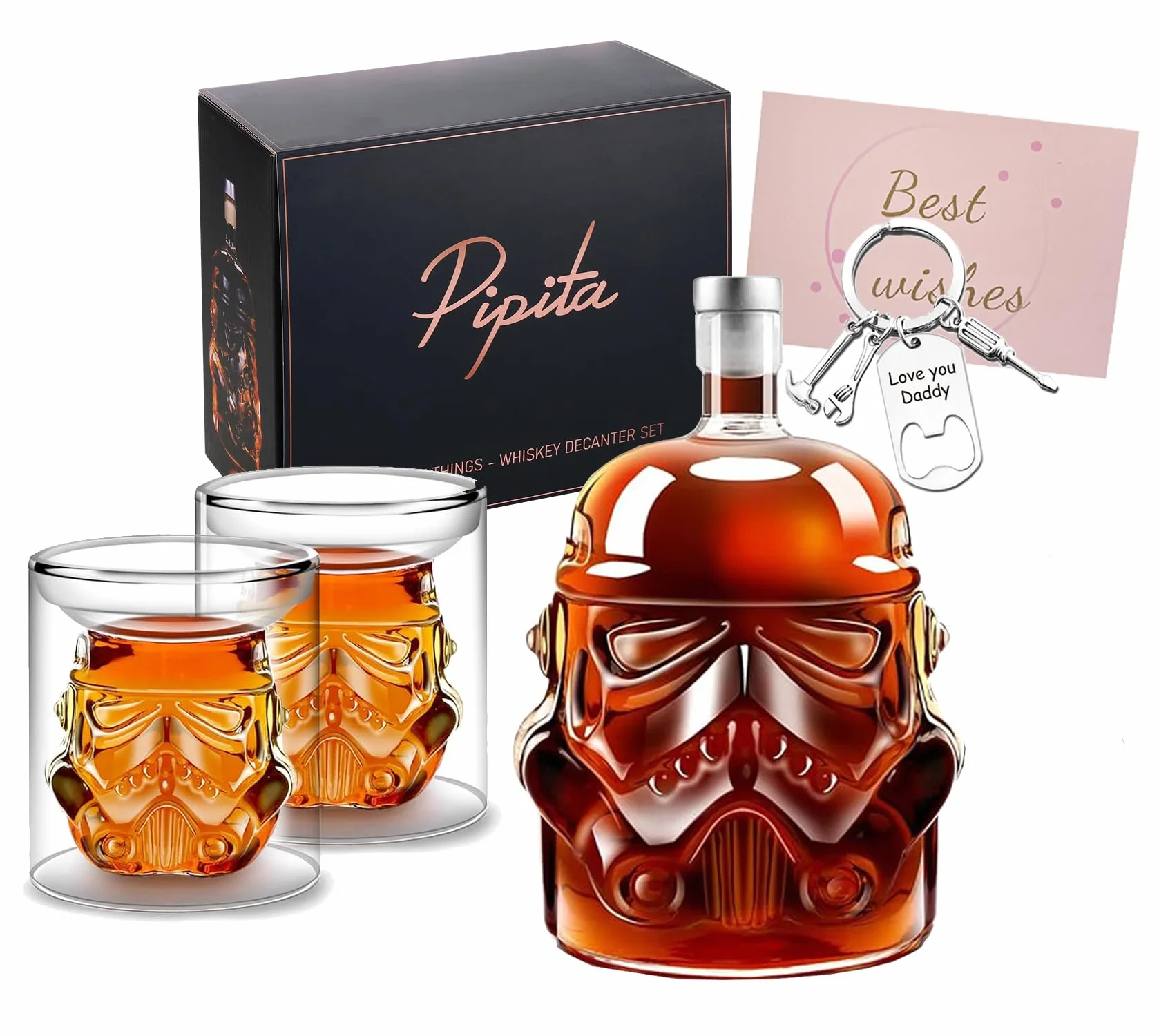 PIPITA Zestaw karafki do whisky z 2 szklankami 3D do whisky i brelokiem do otwieracza do butelek, do wódki, burbona, szkockiej i ginu, karafka do butelki do whisky 750 ml, szklanki 150 ml, prezent