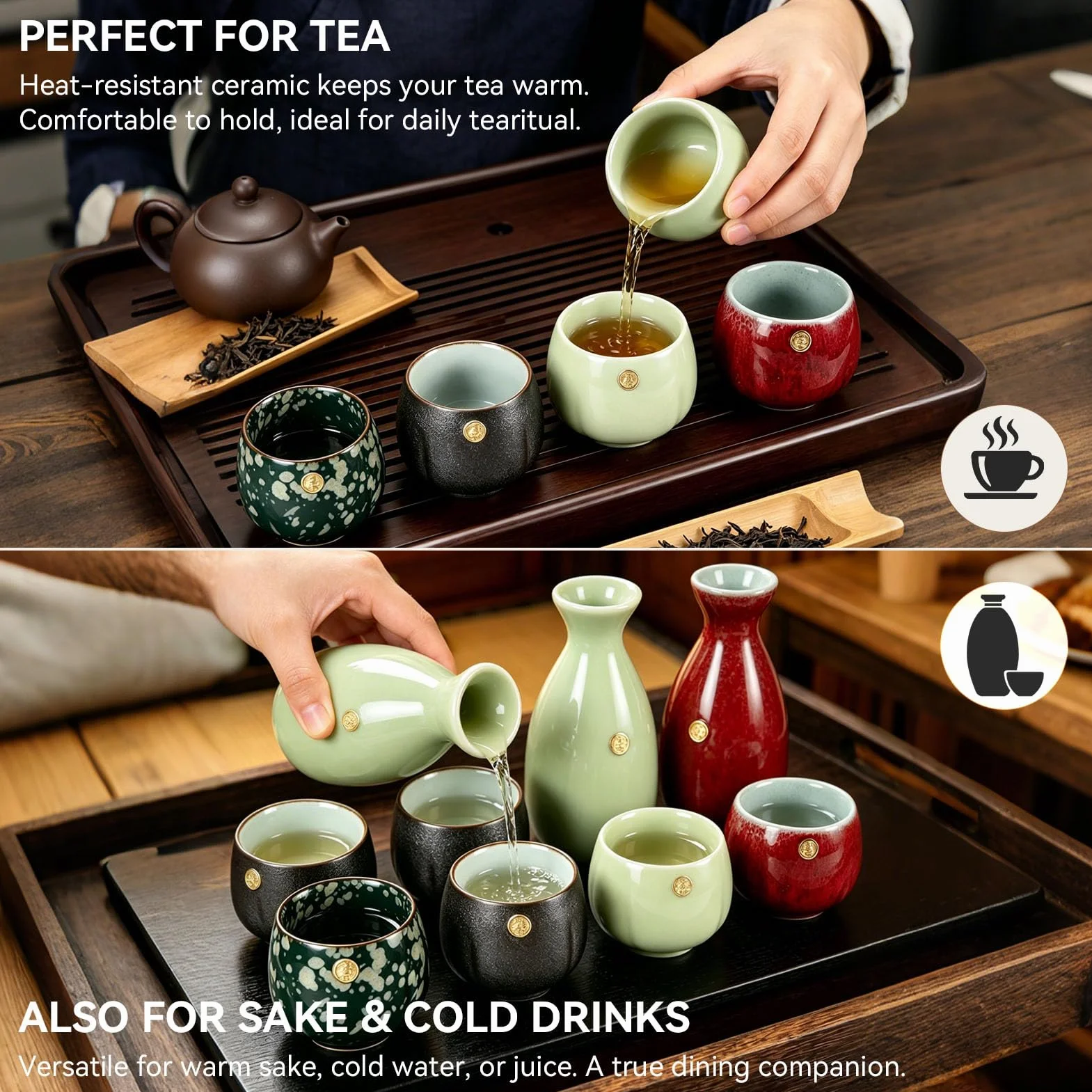 HERCHR Ceramiczny japoński zestaw do sake, ceramiczny japoński kubek do herbaty, chiński/japoński styl retro kubek do herbaty Kung Fu Teaware Sake Cup, chiński zestaw upominkowy do herbaty
