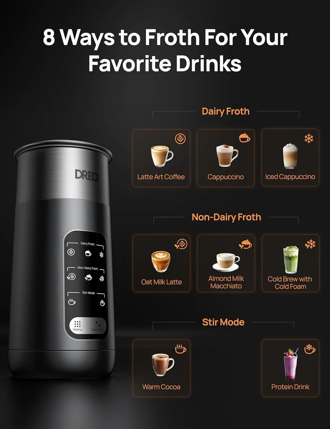 Dreo Spieniacz do mleka, elektryczny spieniacz 8 w 1, do kawy Latte Art, 270 ml, gorąca i zimna pianka, automatyczny podgrzewacz do mleka mlecznego i niemlecznego z diodami LED, łatwy do czyszczenia,