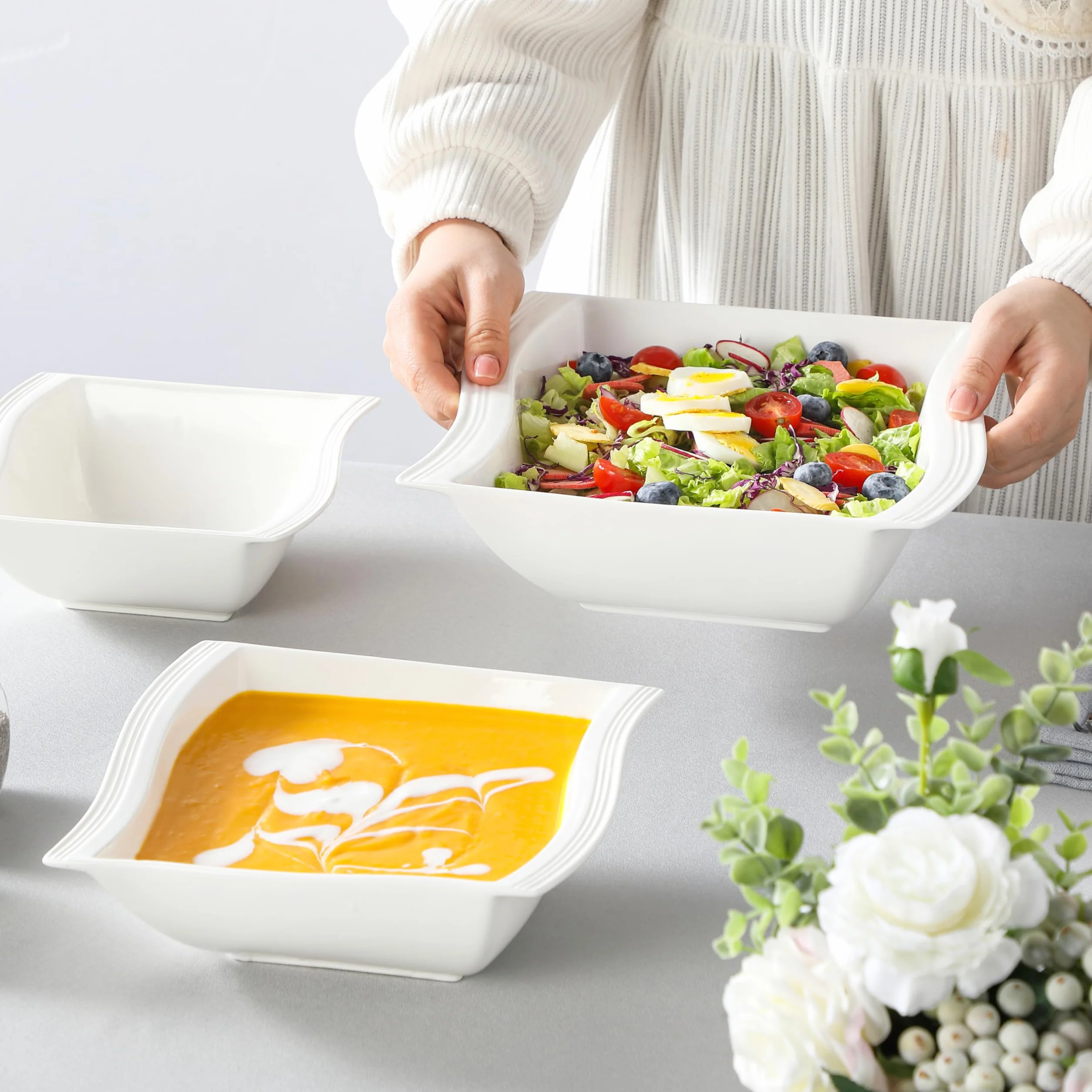 MALACASA Seria Flora – 3-częściowy zestaw porcelanowych misek w kolorze kości słoniowej z 1 kwadratową miską 18 cm, 1 kwadratową miską 21,5 cm i 1 kwadratową miską 25 cm