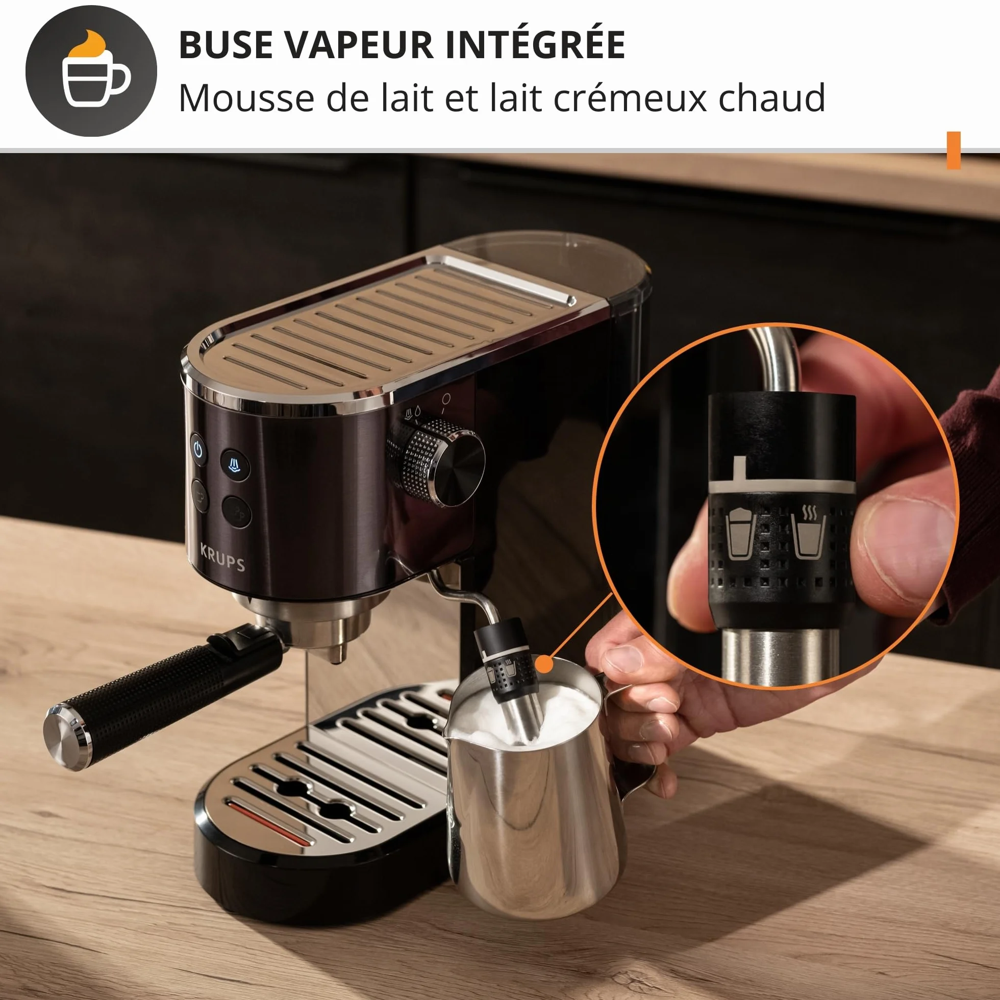 Krups XP444G Virtuoso+ ekspres do espresso | ciśnienie pompy 15 bar | 3 filtry kremowe | dysza pary ze stali nierdzewnej | intuicyjny panel sterowania | pokrętło | w zestawie łyżeczka dozująca/ubijak