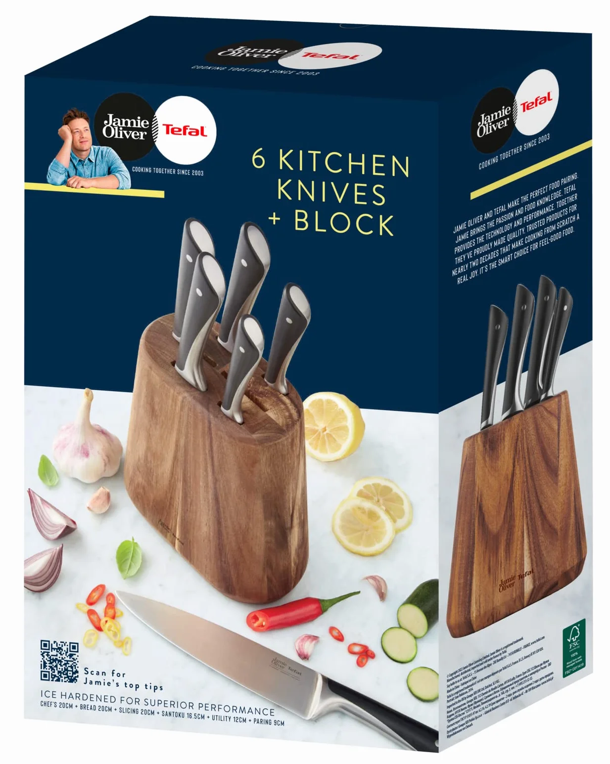 Tefal K267S656 Jamie Oliver, 7-częściowy blok na noże, 6 noży kuchennych + drewniany blok na noże, wysoka wydajność cięcia, niepowtarzalne wzornictwo, wytrzymałe i trwałe ostrza, brązowy/czarny