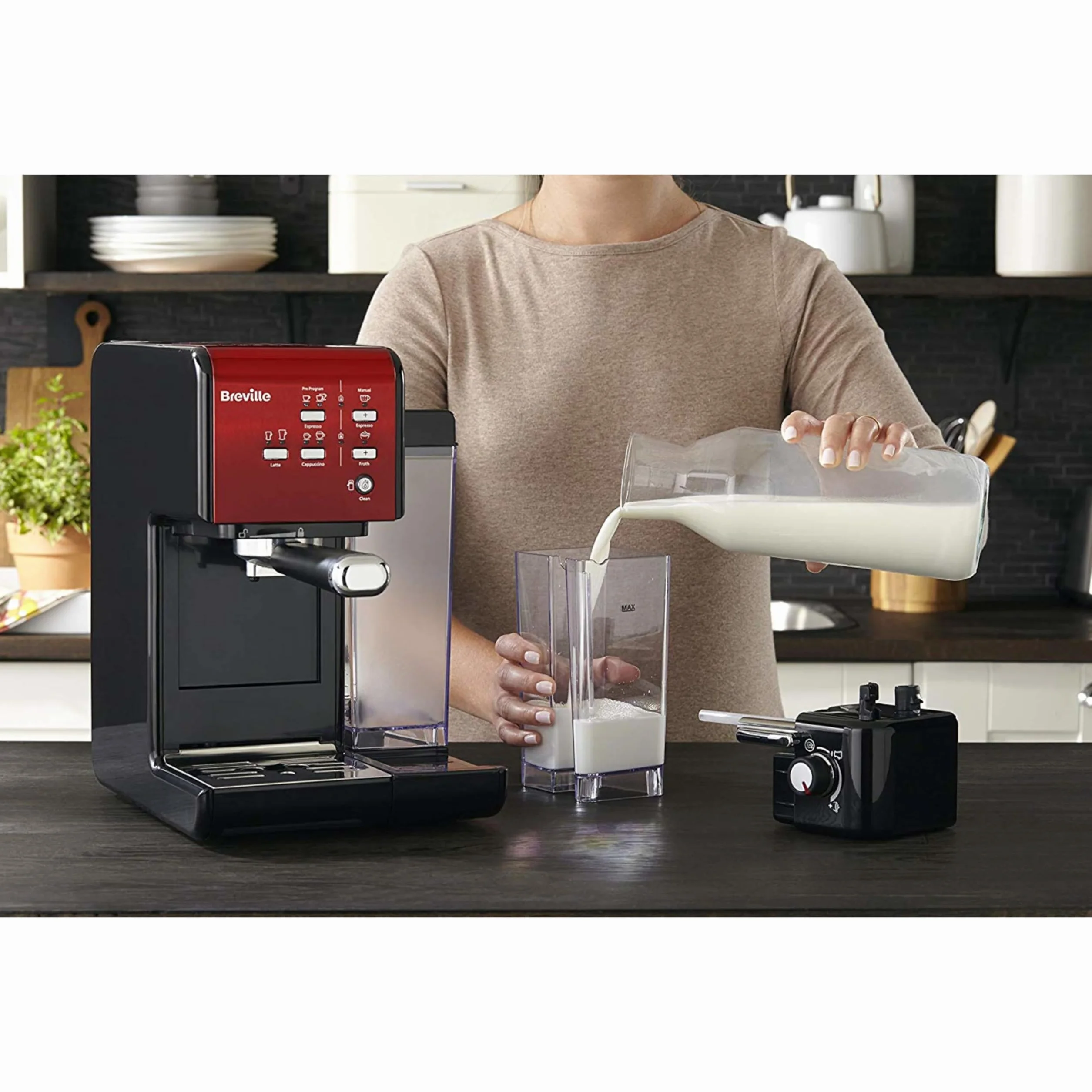 Breville Ekspres do kawy Kolbowy PrimaLatte II VCF109X, 19 Bar, Zintegrowany automatyczny spieniacz do mleka, wyjmowany pojemnik na mleko, Czerwony