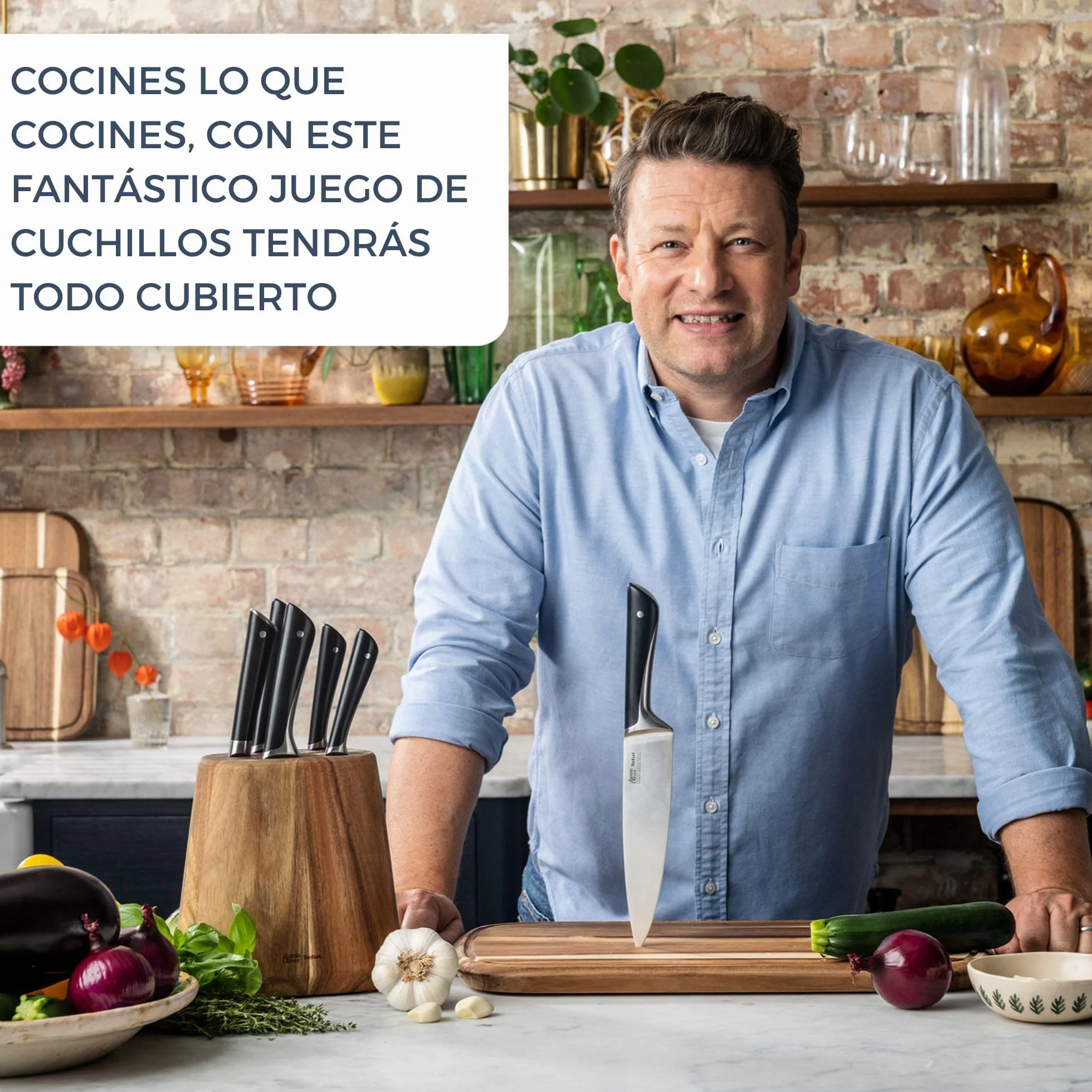 TEFAL K267S556 Jamie Olivier, 5-częściowy blok na noże, 5 noży kuchennych + drewniany blok na noże, wysoka wydajność cięcia, niepowtarzalne wzornictwo, wytrzymałe i trwałe ostrza, Brązowy/Czarny