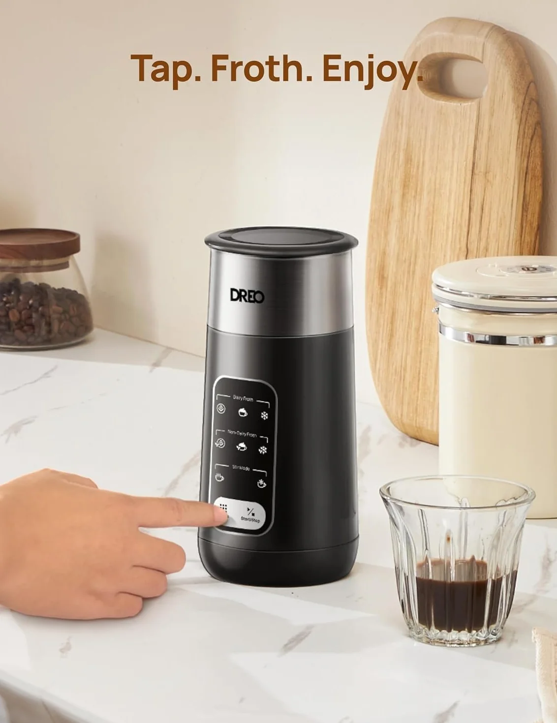 Dreo Spieniacz do mleka, elektryczny spieniacz 8 w 1, do kawy Latte Art, 270 ml, gorąca i zimna pianka, automatyczny podgrzewacz do mleka mlecznego i niemlecznego z diodami LED, łatwy do czyszczenia,