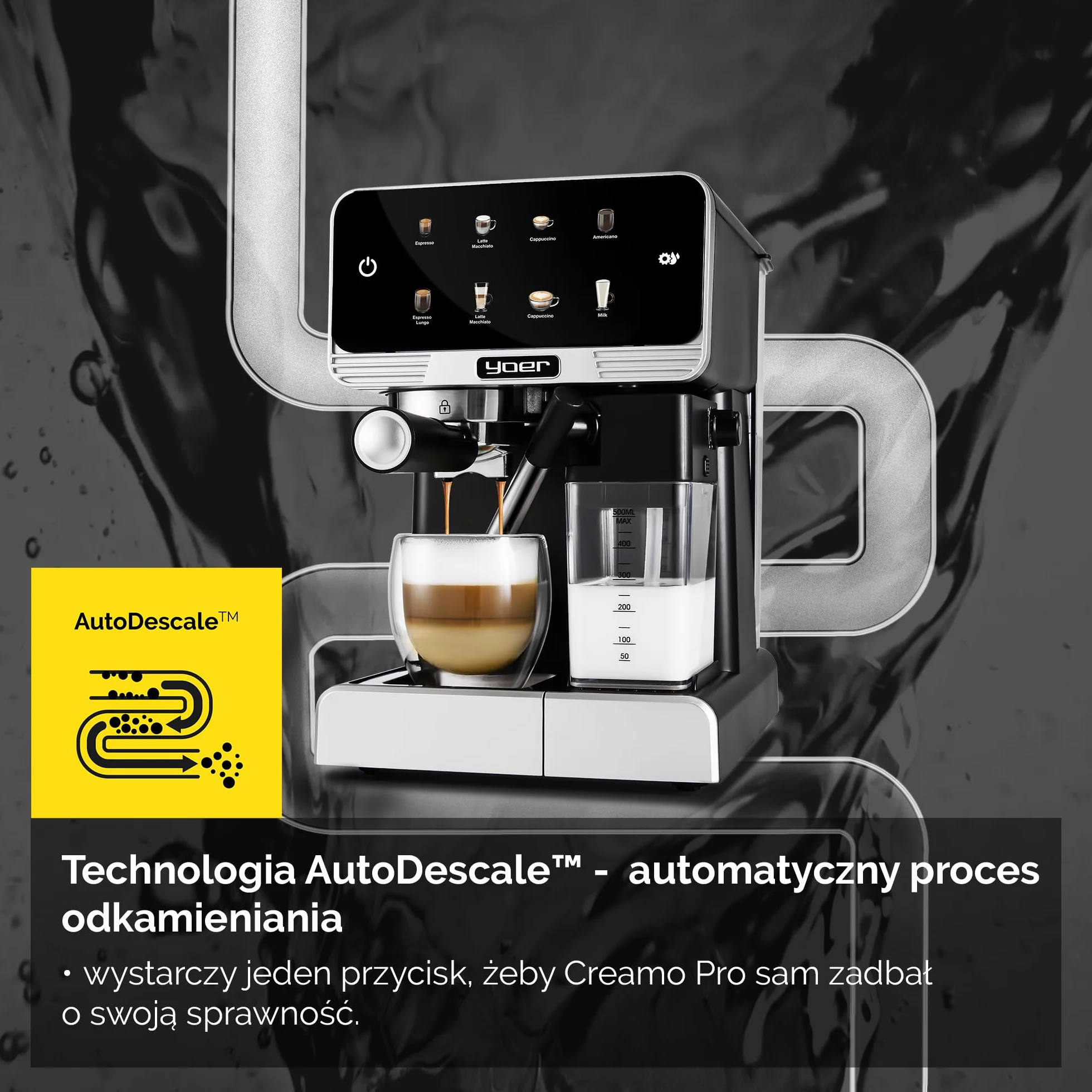 YOER Creamo EMF03BK, w pełni automatyczny ekspres do espresso, 20 bar, 1350 W, 1,8 l, 6 automatycznych programów, automatyczne spienianie mleka, regulacja ilości kawy i mleka, automatyczny