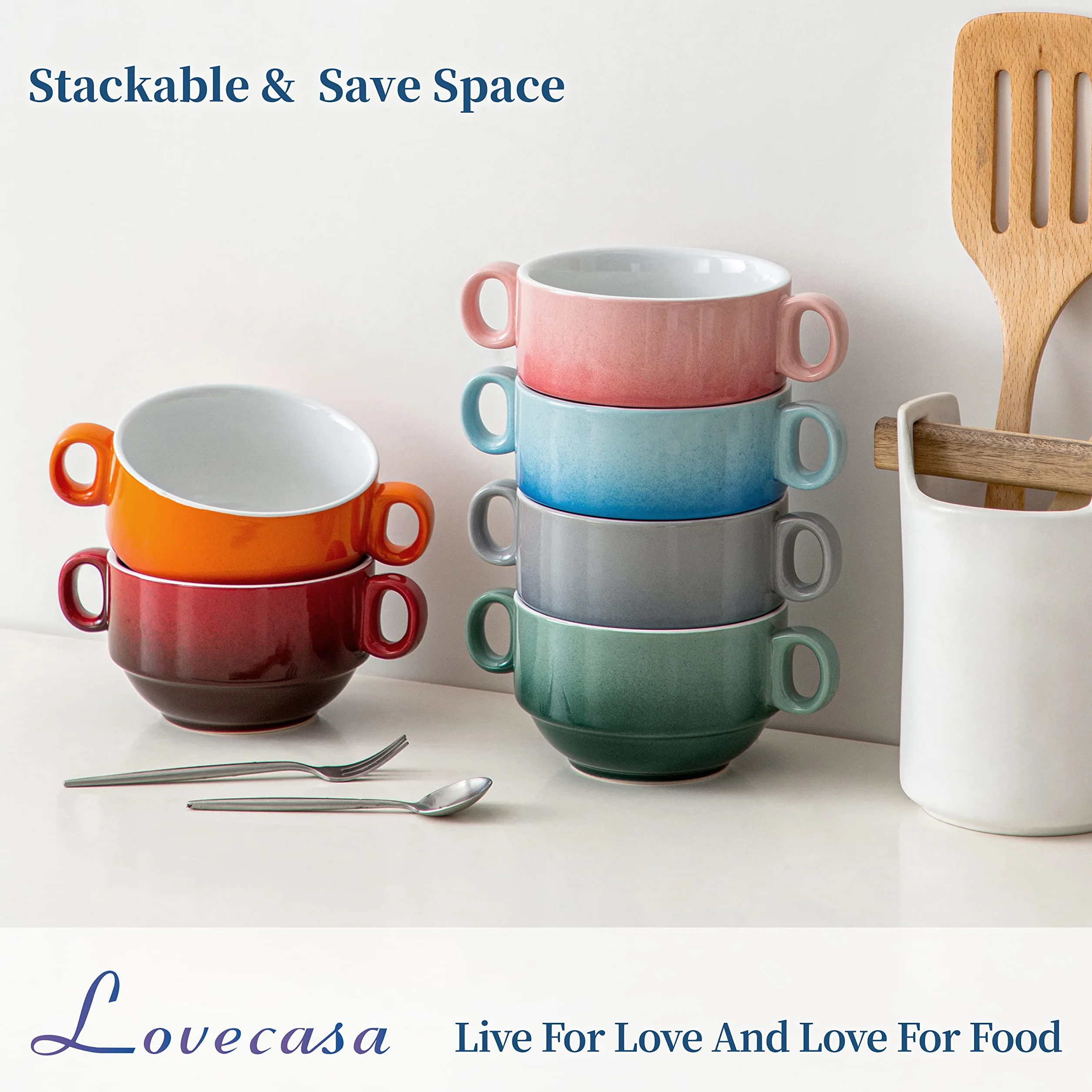 LOVECASA, Kubek do bulionu z uchwytami, 400ml, 6-częściowe ceramiczne miski do zupy, można myć w zmywarce i piekarniku - Wielokolorowy