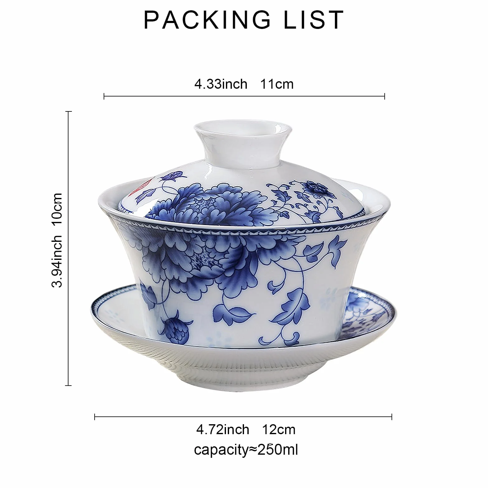 fanquare Gaiwan Chińska miska z pokrywką 220 ml bogata szlachetna piwonia styl porcelanowa filiżanka do herbaty Gongfu ze spodkiem i pokrywką niebiesko-biały serwis do herbaty do wystroju domu