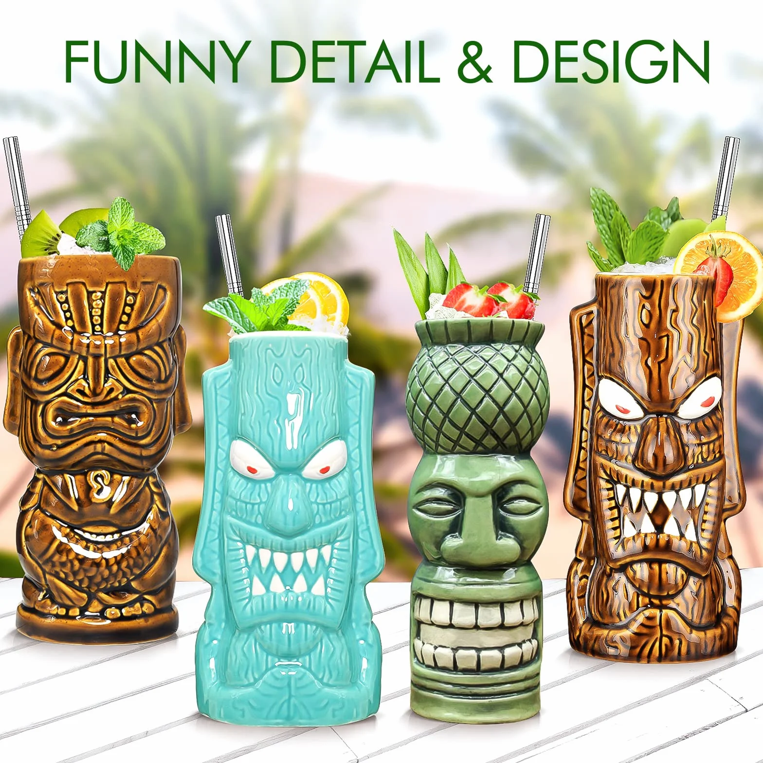 Tiki zestaw 8-częściowy zestaw szklanek koktajlowych, kolorowe ceramiczne kubki koktajlowe, kreatywna dekoracja na imprezę hawajską na egzotyczne imprezy, do baru, koktajli