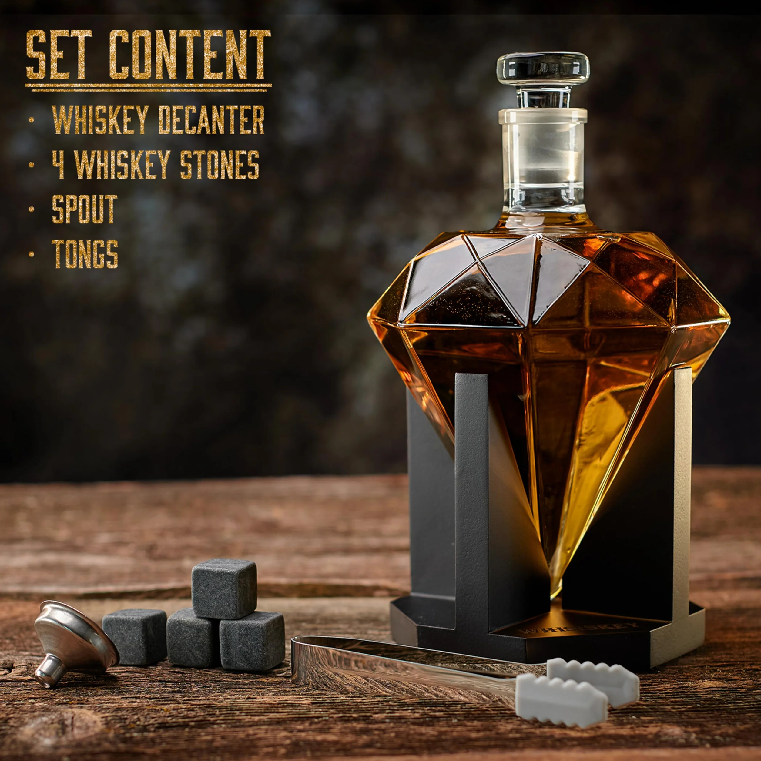 WHISISKEY Zestaw Karafka do Whisky - Zestaw Prezentowy Whiskey - Prezenty dla Mężczyzn - Pomysły na Prezent dla Mężczyzny - Diamentowa Karafka 700ML, 4 Kamienie do Whisky, Akcesoria
