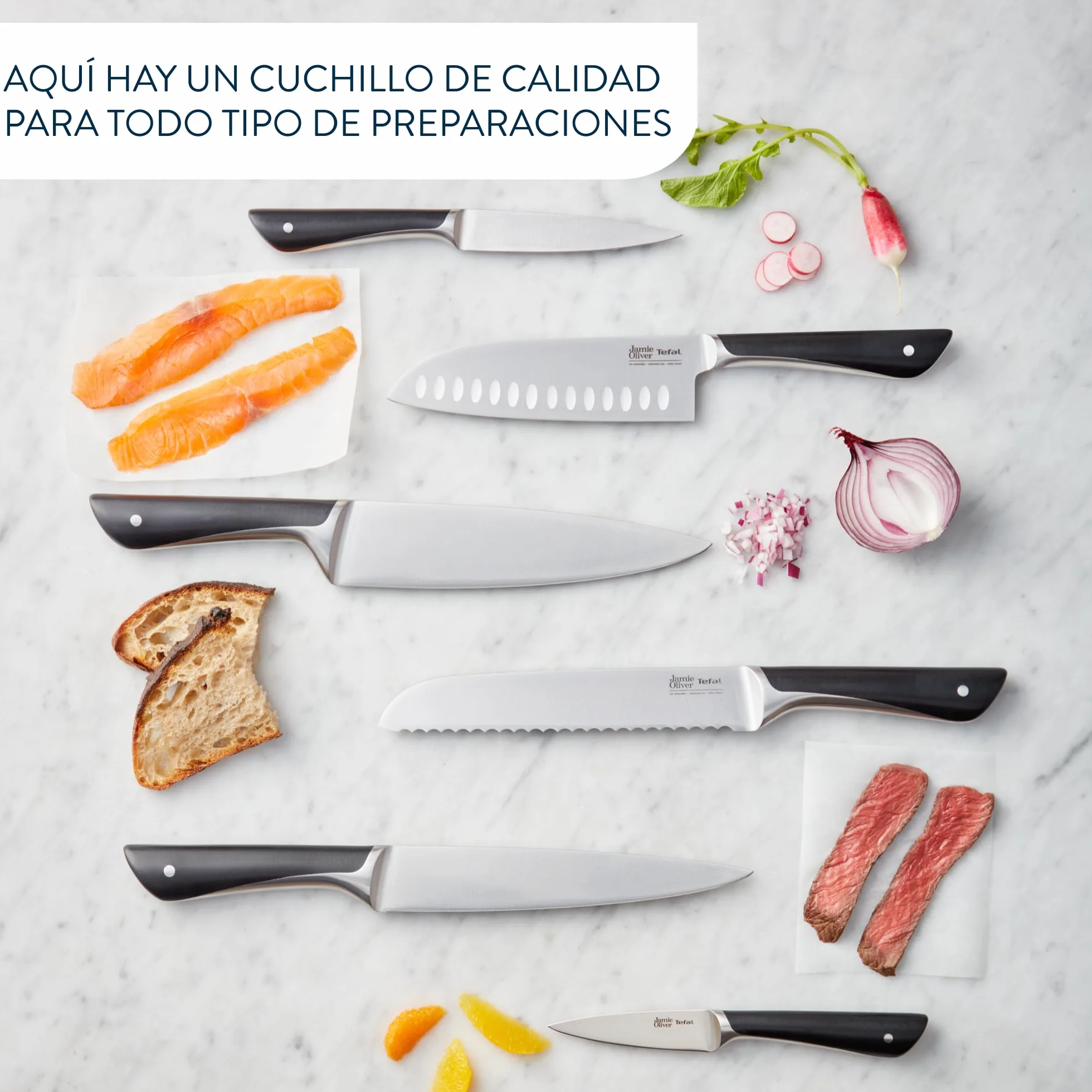TEFAL K267S556 Jamie Olivier, 5-częściowy blok na noże, 5 noży kuchennych + drewniany blok na noże, wysoka wydajność cięcia, niepowtarzalne wzornictwo, wytrzymałe i trwałe ostrza, Brązowy/Czarny