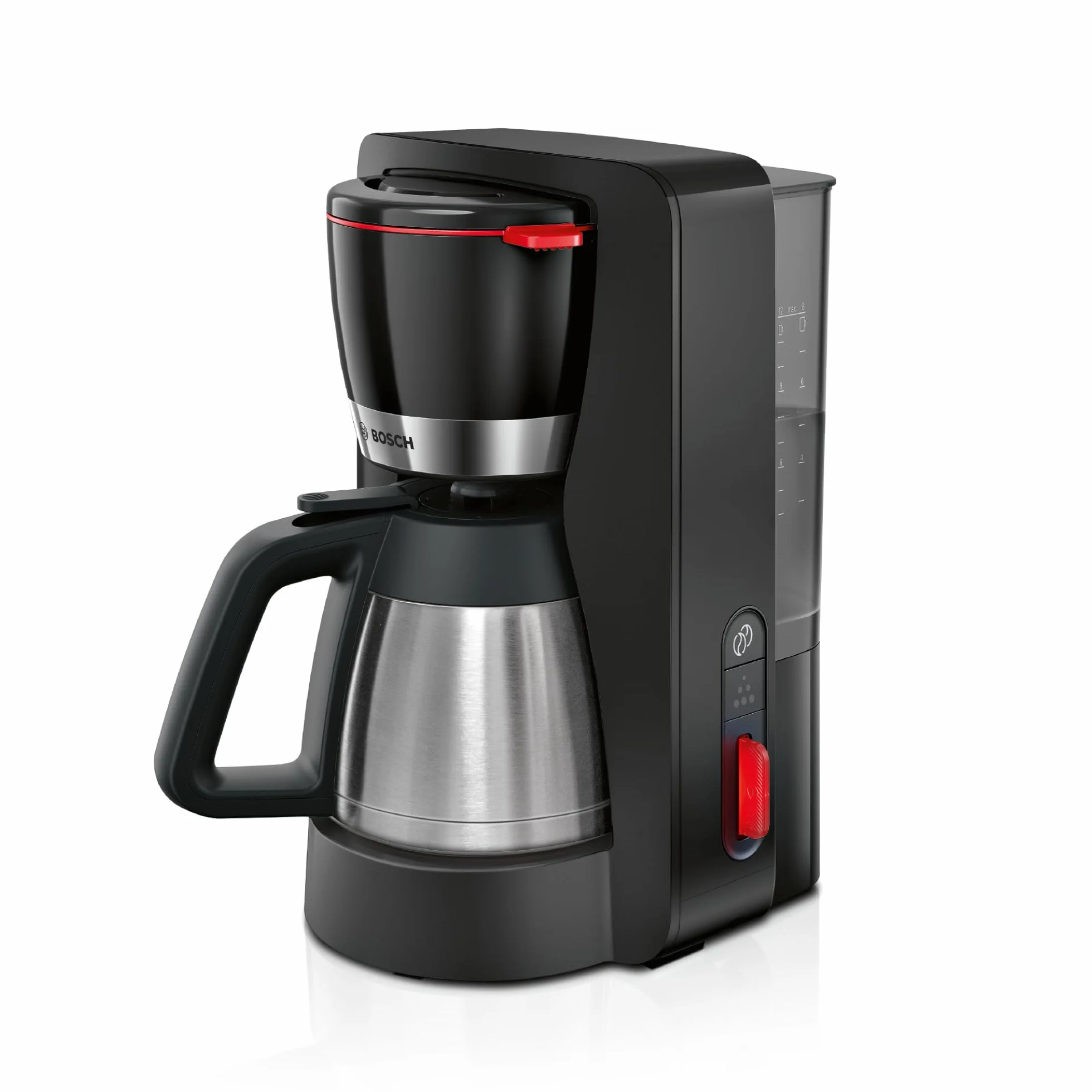 Bosch MyMoment TKA6M273 przelewowy ekspres do kawy, dzbanek termiczny 1 l, na 8-12 filiżanek, blokada kapania, obrotowy uchwyt filtrujący, program odkamieniania, zdejmowany zbiornik na wodę, 1200 W,