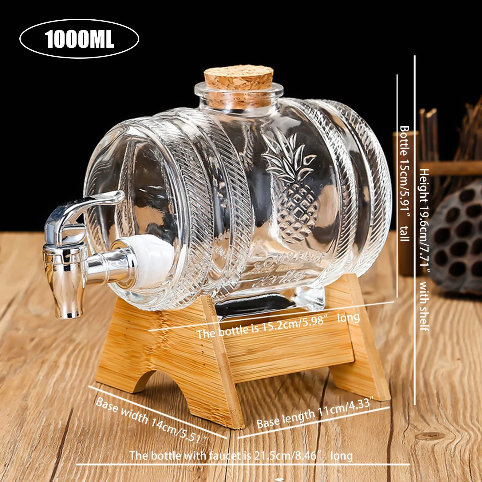 Dozownik do napojów w kształcie beczki, 1 l, karafka do whisky z kranikiem, przezroczysty dozownik z drewnianą podstawką do wina, beczki whisky, lemoniady (JS-1)