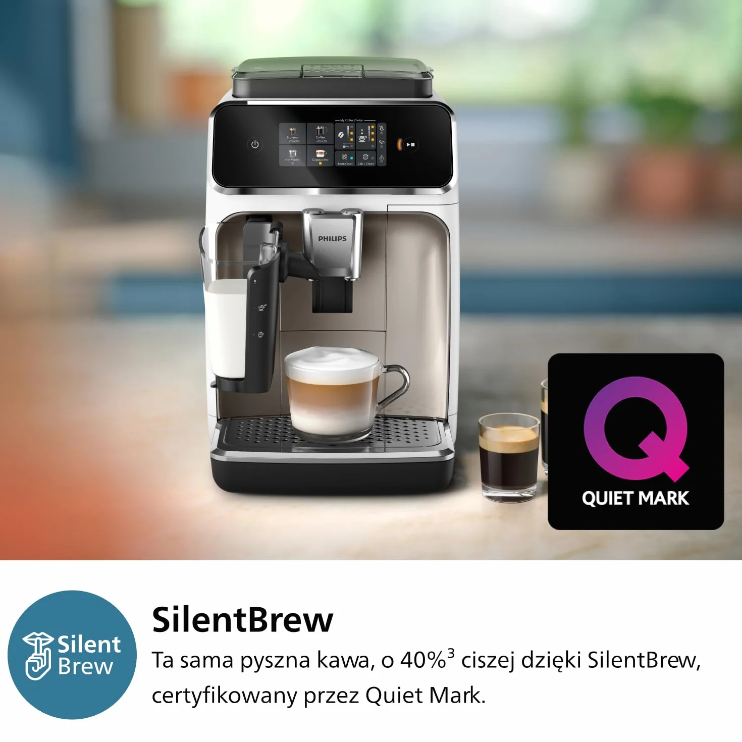 Philips Seria 2300 W Pełni Automatyczny Ekspres Do Kawy – 4 Napoje, Nowoczesny, kolorowy ekran dotykowy, LatteGo, SilentBrew, Ceramiczny Młynek, Filtr AquaClean, Kolor Biały Chrom (EP2333/40)
