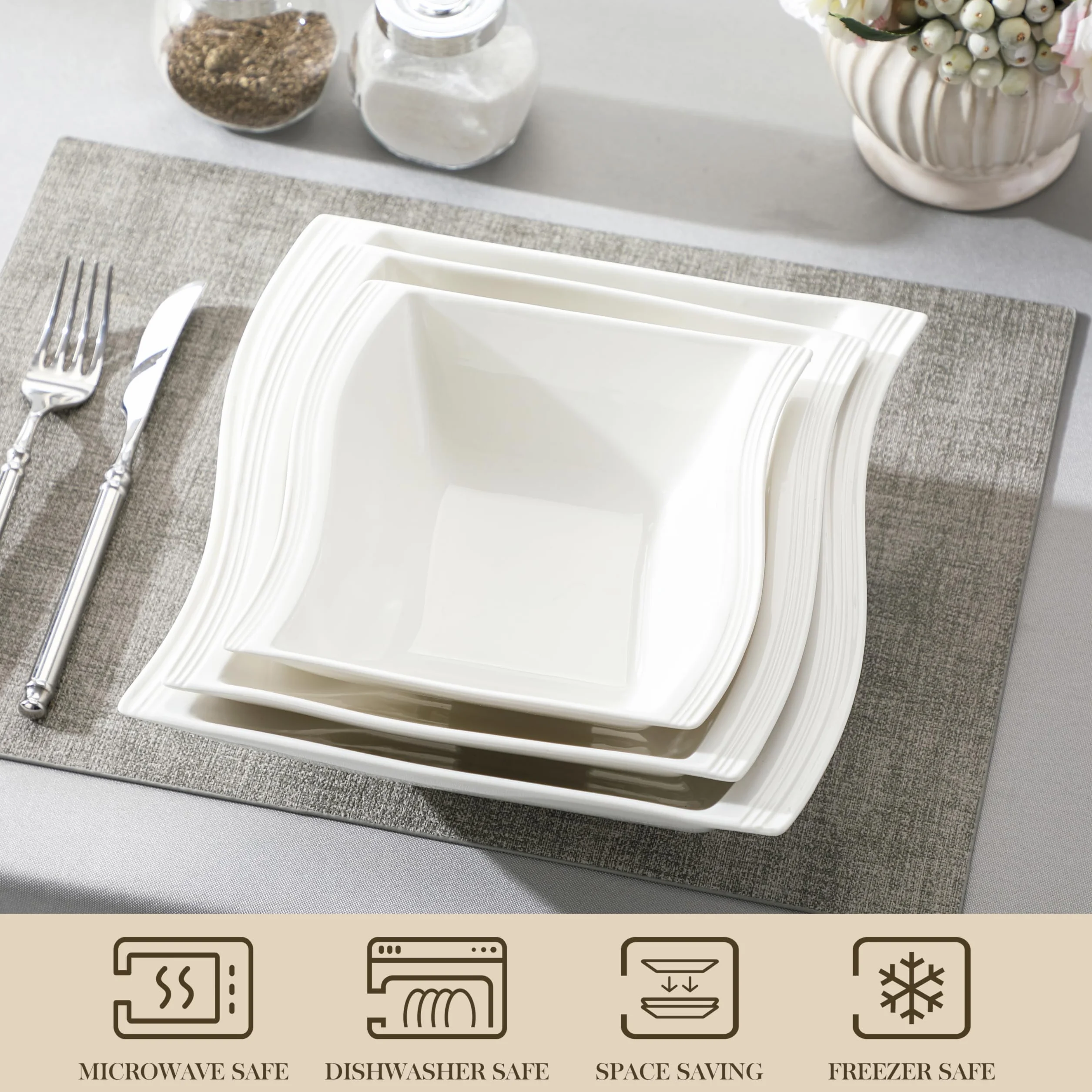 MALACASA Seria Flora – 3-częściowy zestaw porcelanowych misek w kolorze kości słoniowej z 1 kwadratową miską 18 cm, 1 kwadratową miską 21,5 cm i 1 kwadratową miską 25 cm