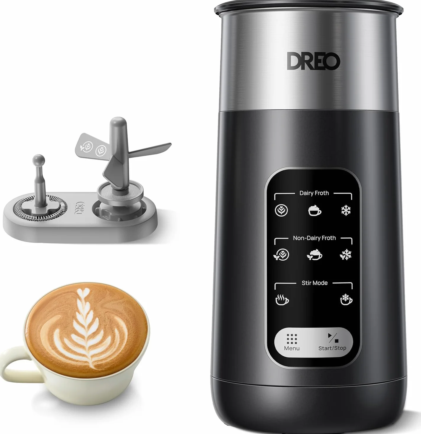 Dreo Spieniacz do mleka, elektryczny spieniacz 8 w 1, do kawy Latte Art, 270 ml, gorąca i zimna pianka, automatyczny podgrzewacz do mleka mlecznego i niemlecznego z diodami LED, łatwy do czyszczenia,