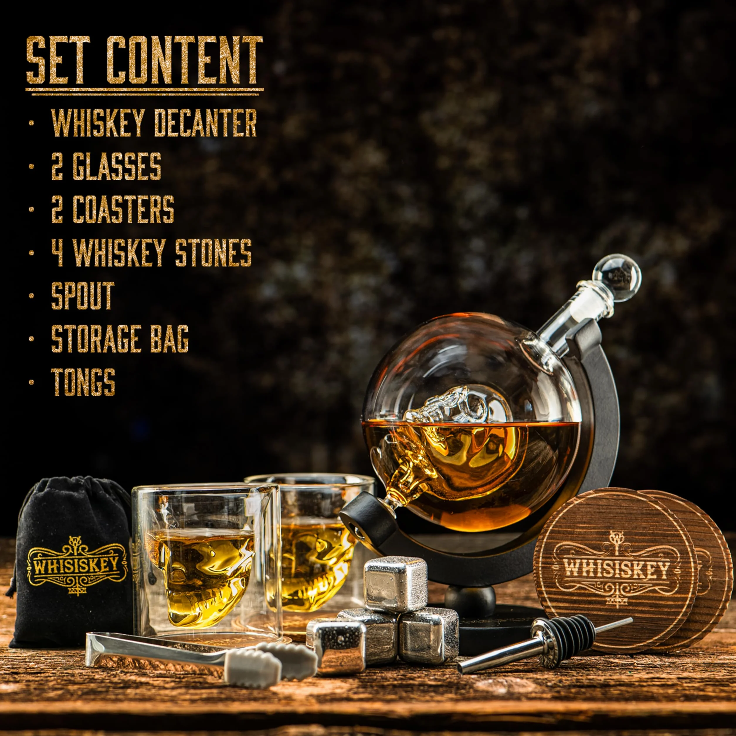 WHISISKEY Zestaw Karafka do Whisky - Zestaw Prezentowy Whiskey - Prezenty dla Mężczyzn - Pomysły na Prezent dla Mężczyzny - Czaszka Karafka 900ML, 2 Szklanki do Whisky, 4 Kamienie do Whisky, Akcesoria