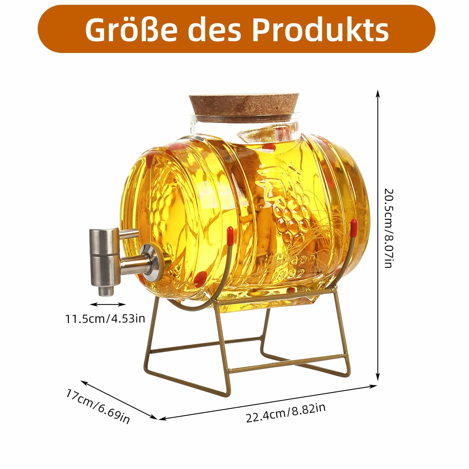 Dozownik do napojów ze stojakiem, 5 l, z kranikiem i korkiem, przezroczysty dozownik alkoholu, zestaw do whisky, brandy, soków, lemoniady (B)
