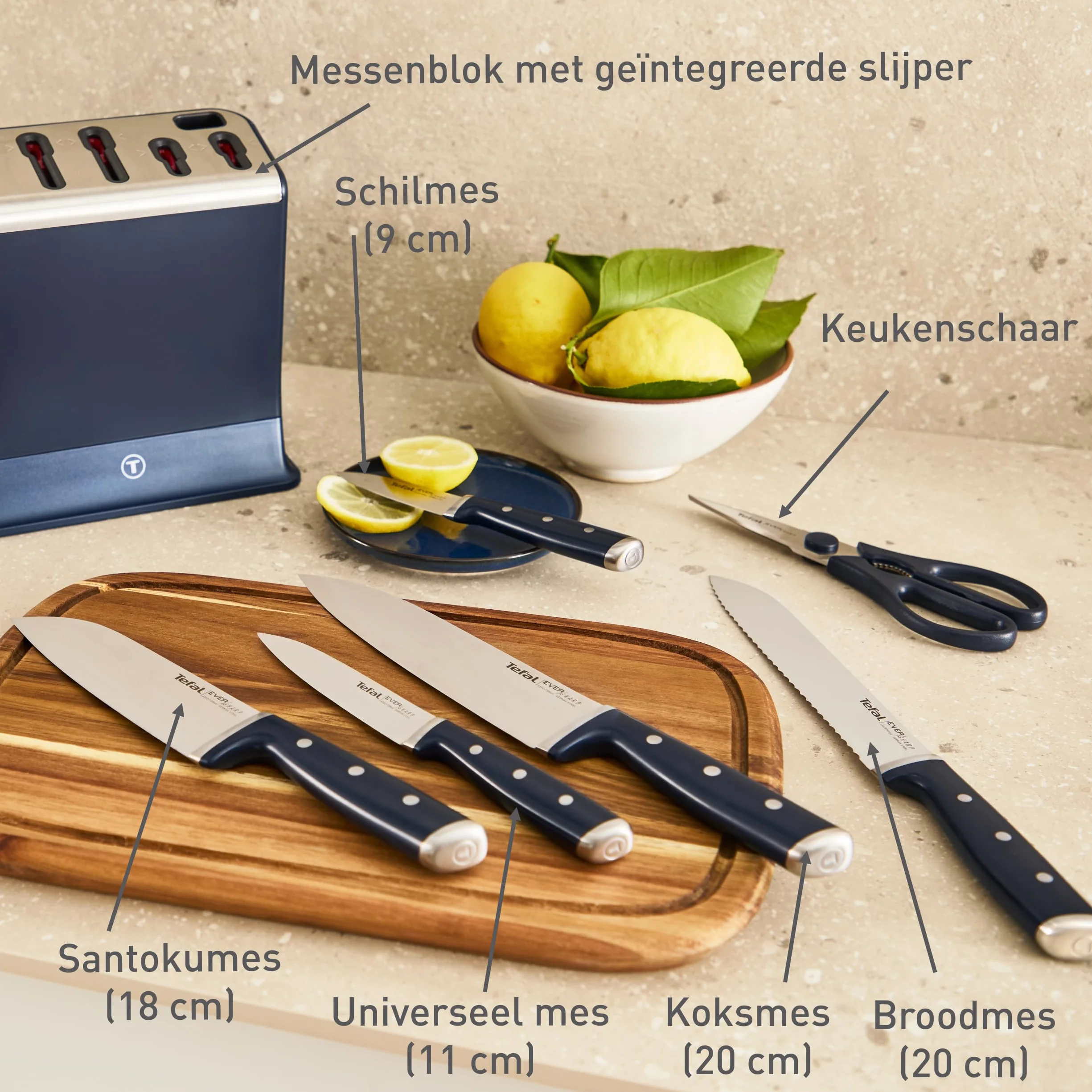 Tefal K297S7 EverSharp 6-częściowy Zestaw noży z wbudowaną ostrzałką, 5 noży, nożyczki, trwała krawędź