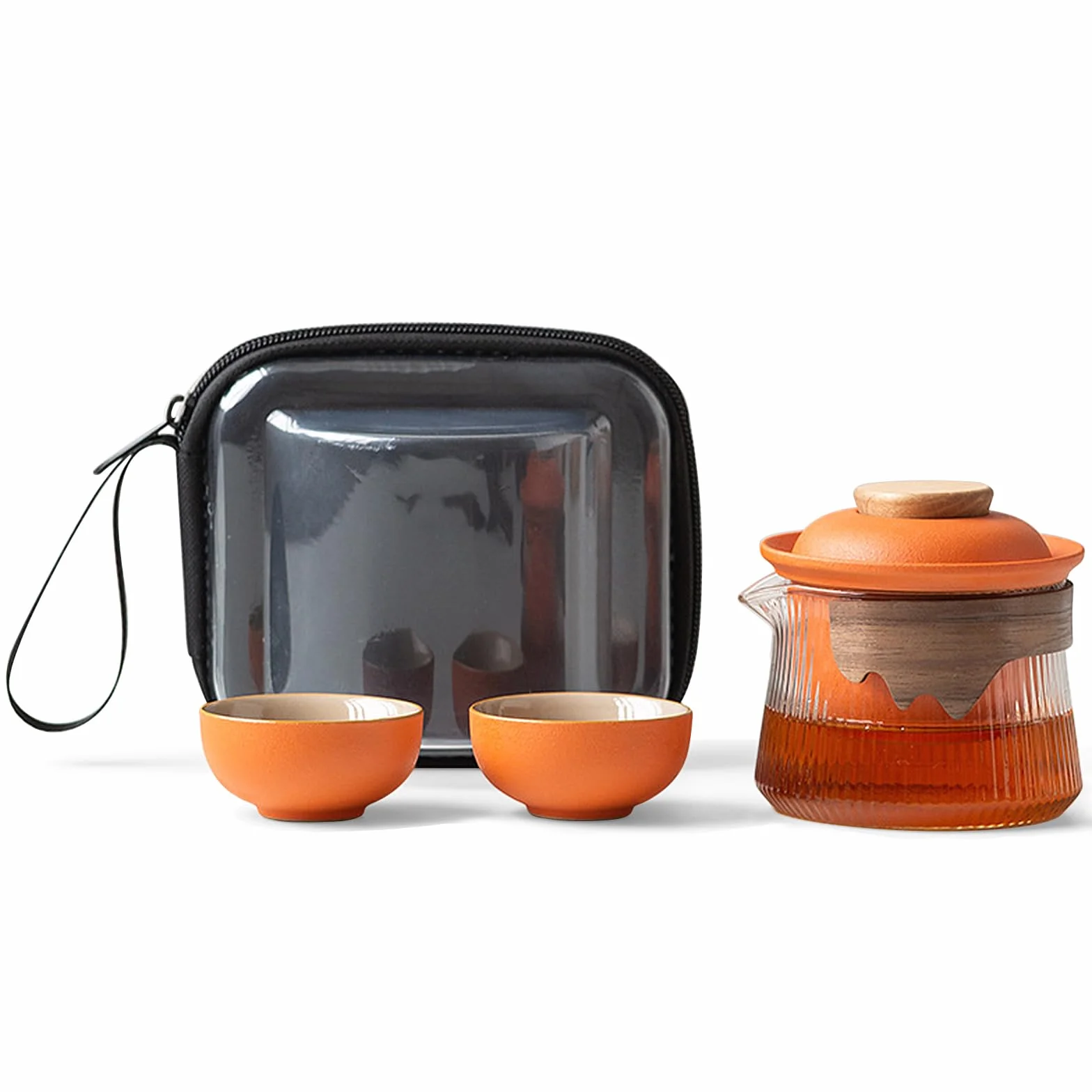Fanquare Ceramiczny Zestaw do Herbaty na 2 - Porcelanowy Kung Fu z Mini Zaparzaczem, Przenośna Torebka na Podróż, Dzbanek z Drewnianą Warstwą Ochronną