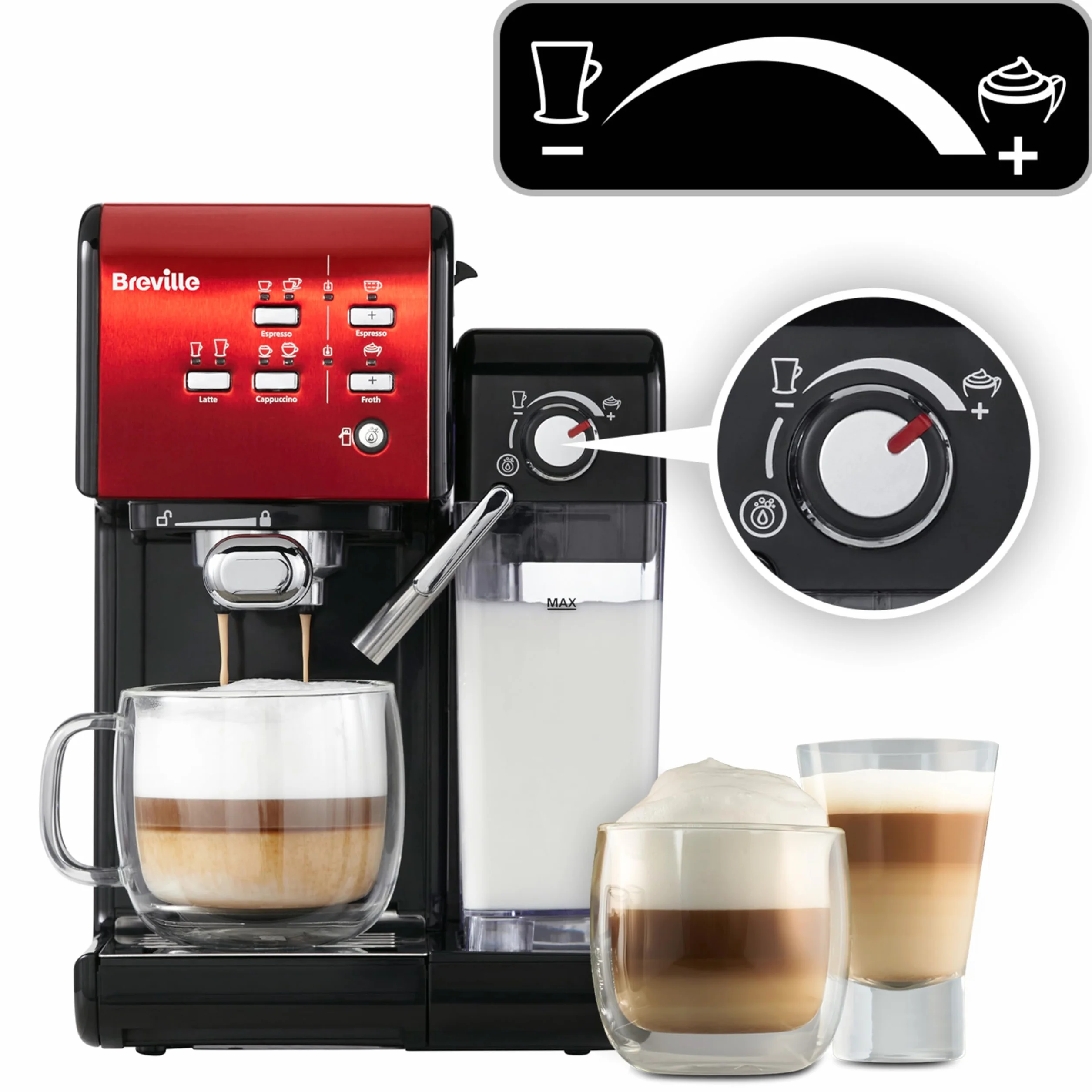Breville Ekspres do kawy Kolbowy PrimaLatte II VCF109X, 19 Bar, Zintegrowany automatyczny spieniacz do mleka, wyjmowany pojemnik na mleko, Czerwony