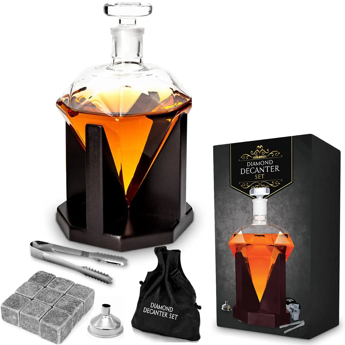 mikamax Karafka diamentowa, 850 ml, przezroczysta, z drewnianą ramą, świetny pomysł na prezent dla miłośników whisky