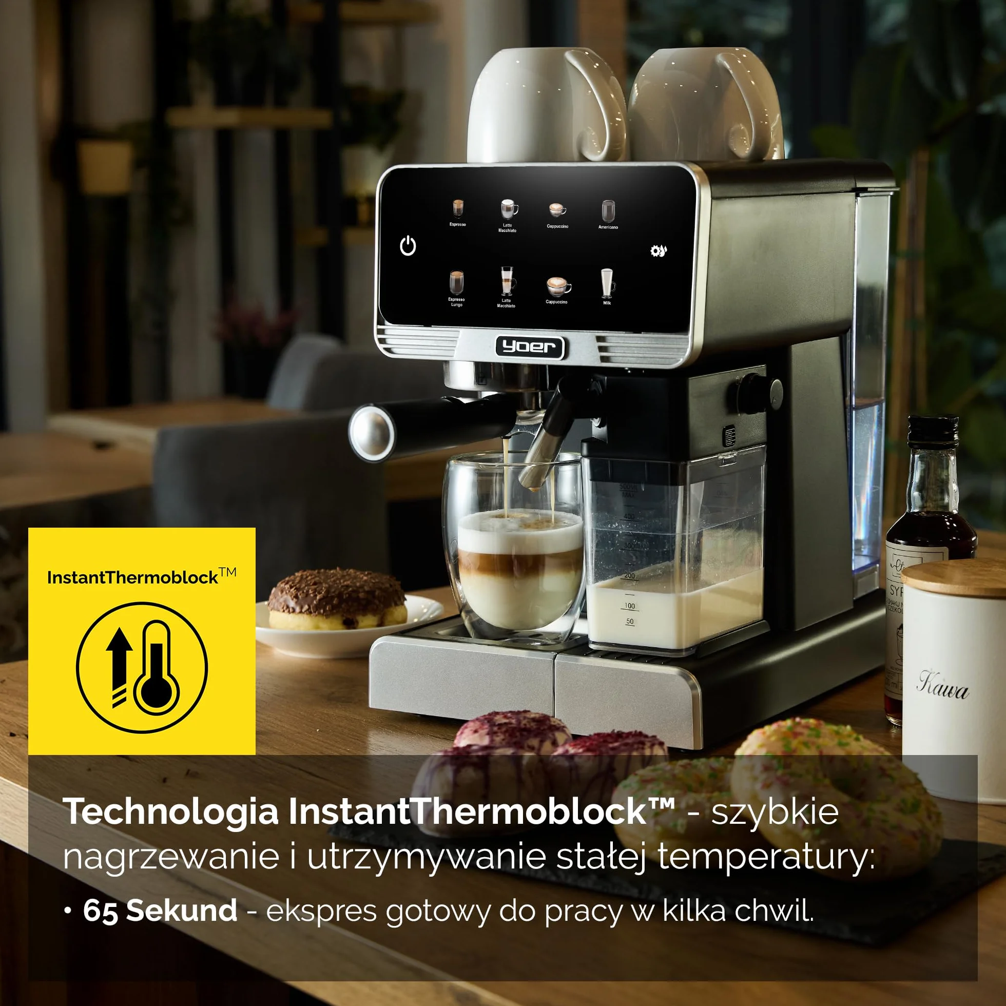 YOER Creamo EMF03BK, w pełni automatyczny ekspres do espresso, 20 bar, 1350 W, 1,8 l, 6 automatycznych programów, automatyczne spienianie mleka, regulacja ilości kawy i mleka, automatyczny