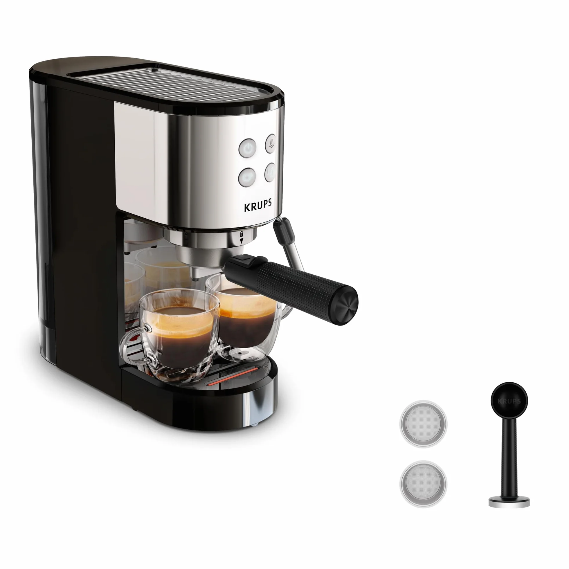 Krups Virtuoso Essential XP441810 ekspres do espresso, 15 bar, aplikacje ze stali nierdzewnej, smukły design, panel sterowania z 4 funkcjami, w zestawie akcesoria baristy, stal nierdzewna,