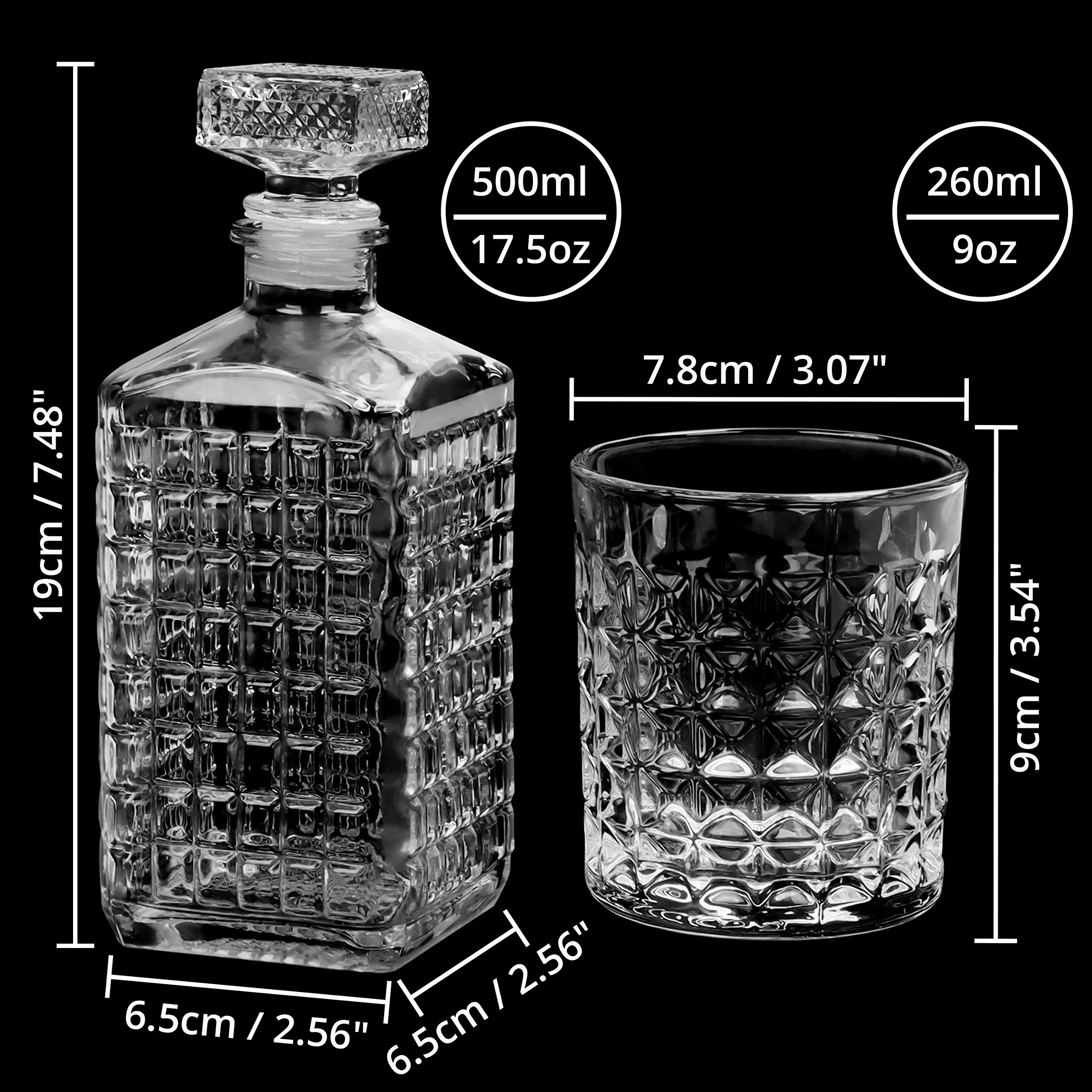 Belle Vous Szklana karafka do whisky (5 sztuk) – karafka na alkohol 500 ml z 4 grawerowanymi szklankami 260 ml – zestaw karafek idealny do whisky, wina, brandy, burbonu i innych trunków