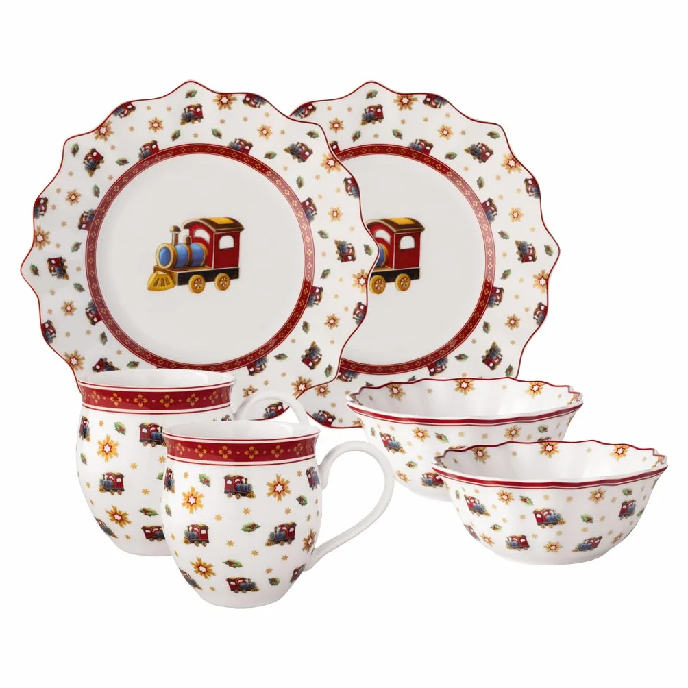 Villeroy & Boch - Toy's Delight zestaw śniadaniowy dla 2 os. lokomotywa 6-cz. kolorowy, Boże Narodzenie, komplet naczyń z talerzami śniadaniowymi, filiżankami i miskami, porcelana Premium