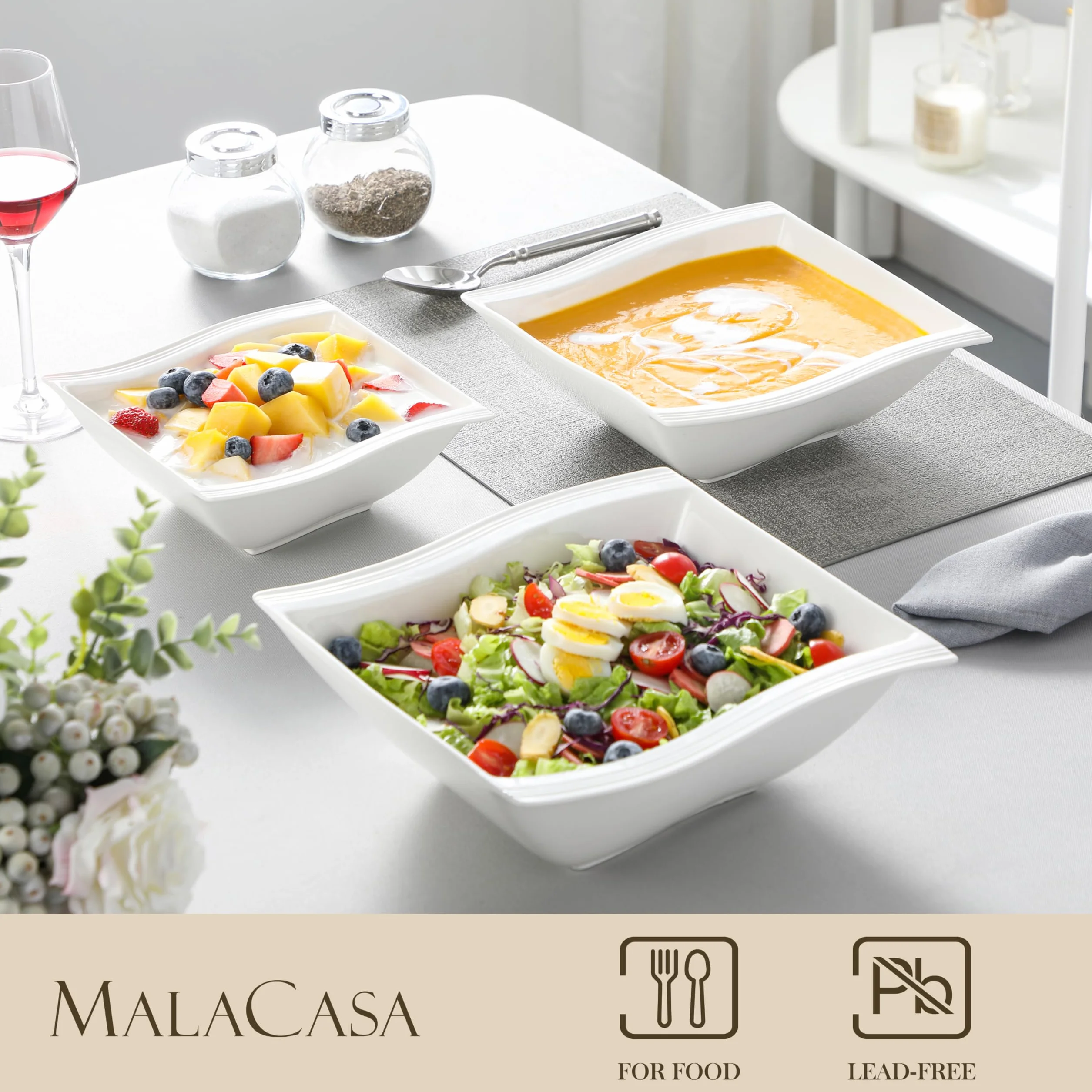 MALACASA Seria Flora – 3-częściowy zestaw porcelanowych misek w kolorze kości słoniowej z 1 kwadratową miską 18 cm, 1 kwadratową miską 21,5 cm i 1 kwadratową miską 25 cm