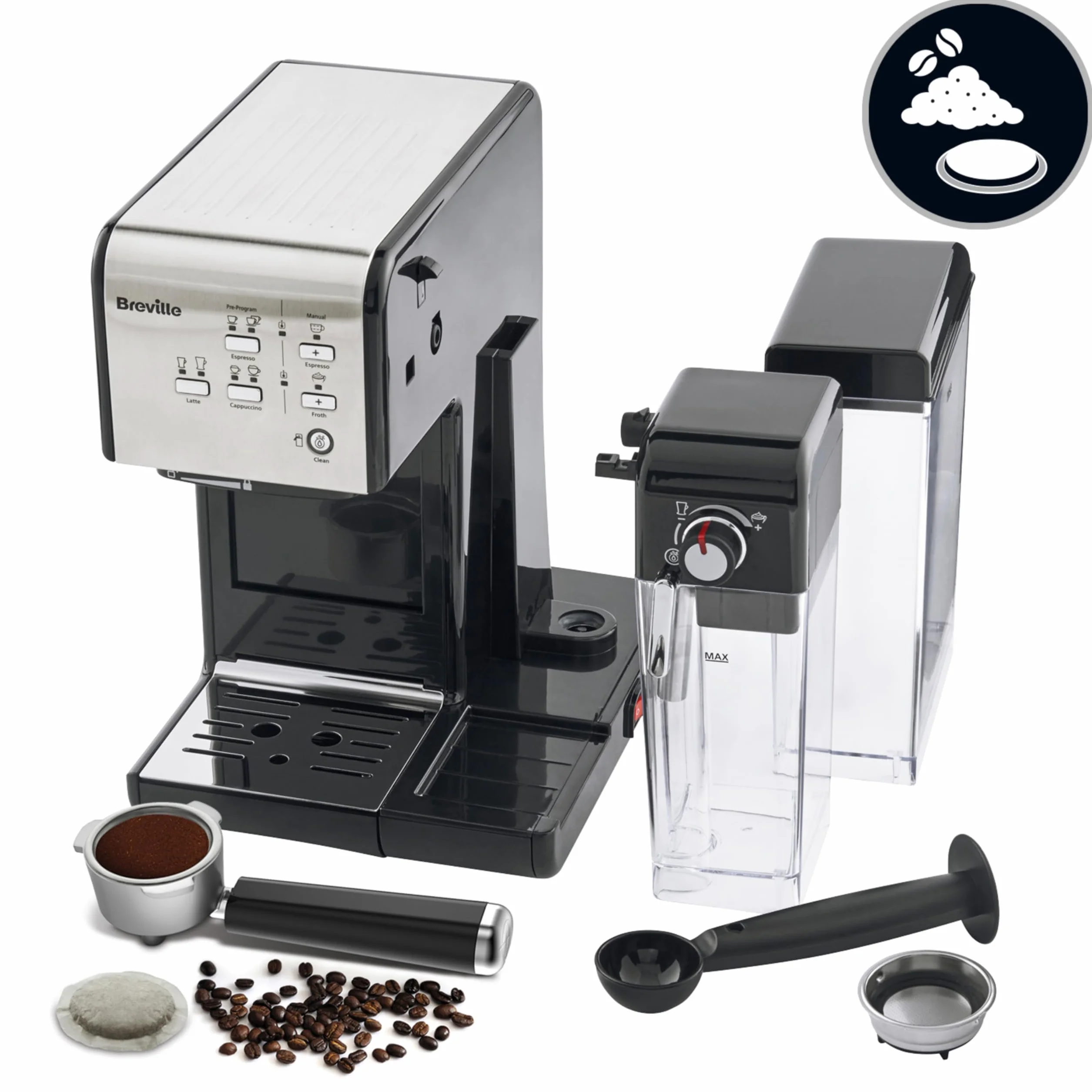 Breville Ekspres do kawy Kolbowy PrimaLatte II VCF108X, 19 Bar, Zintegrowany automatyczny spieniacz do mleka, wyjmowany pojemnik na mleko, Srebrny