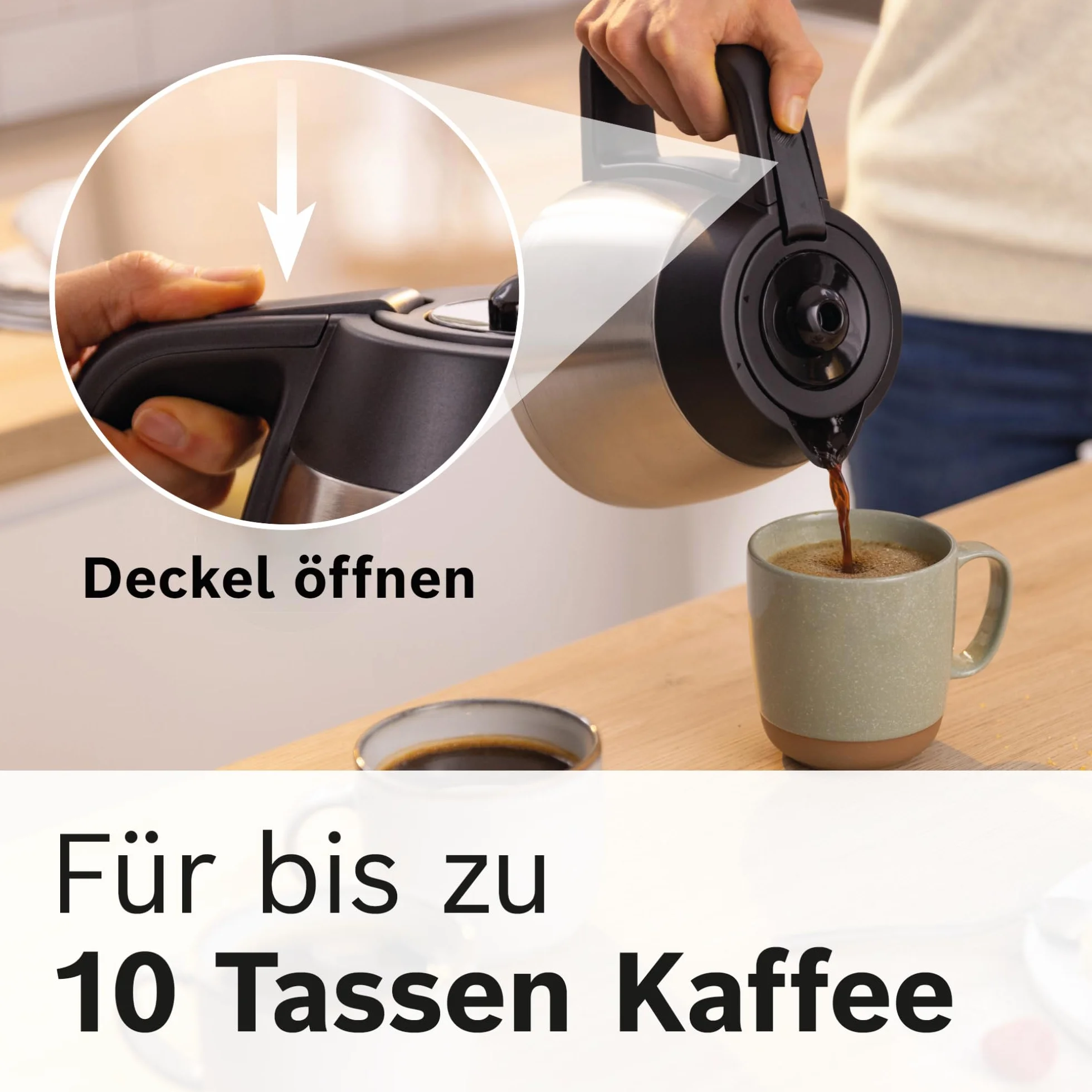Bosch MyMoment TKA6M273 przelewowy ekspres do kawy, dzbanek termiczny 1 l, na 8-12 filiżanek, blokada kapania, obrotowy uchwyt filtrujący, program odkamieniania, zdejmowany zbiornik na wodę, 1200 W,