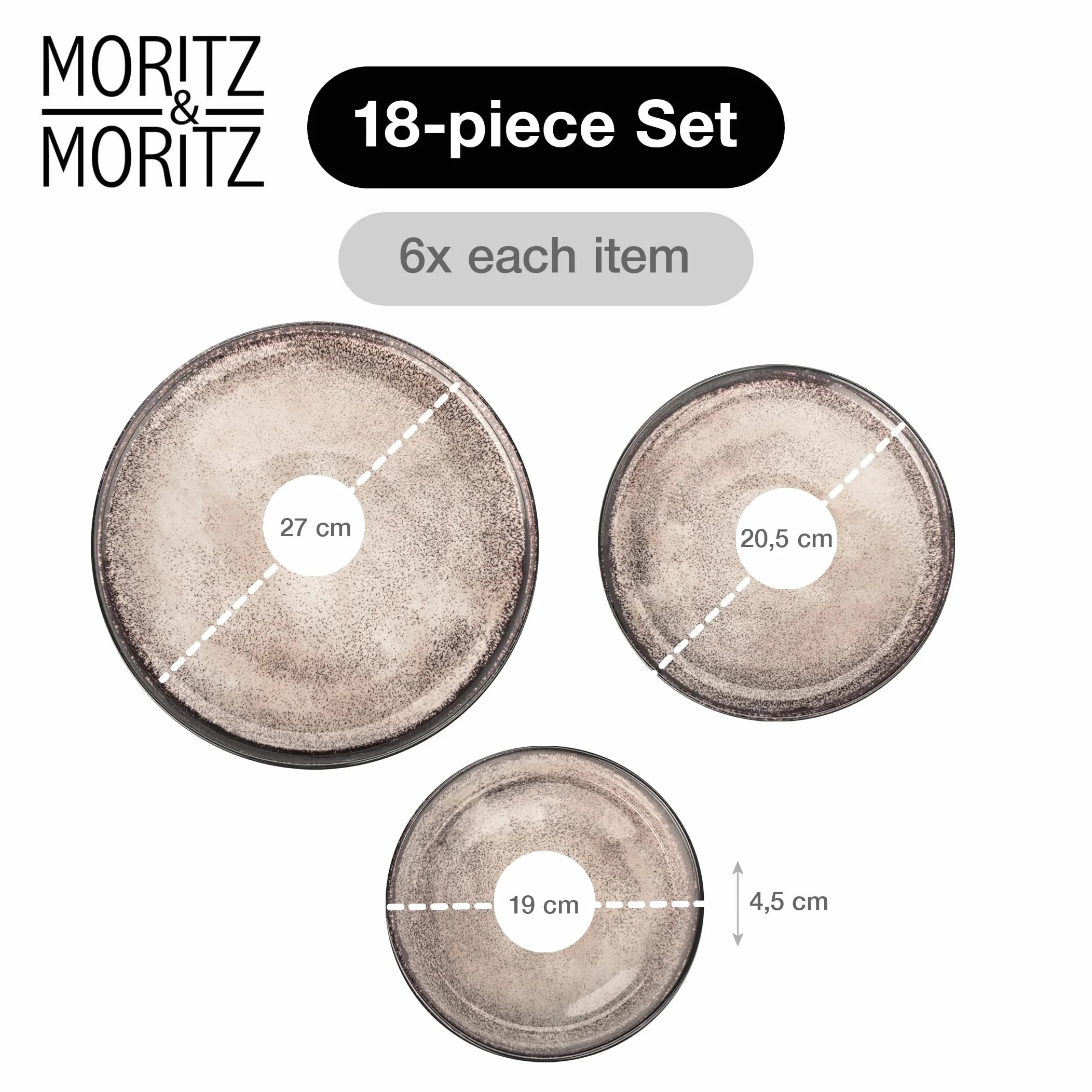 Moritz & Moritz VIDA 18-częściowy zestaw naczyń do 6 osób, nowoczesny, nadający się do drapania, kuchenki mikrofalowej i mycia w zmywarce, serwis