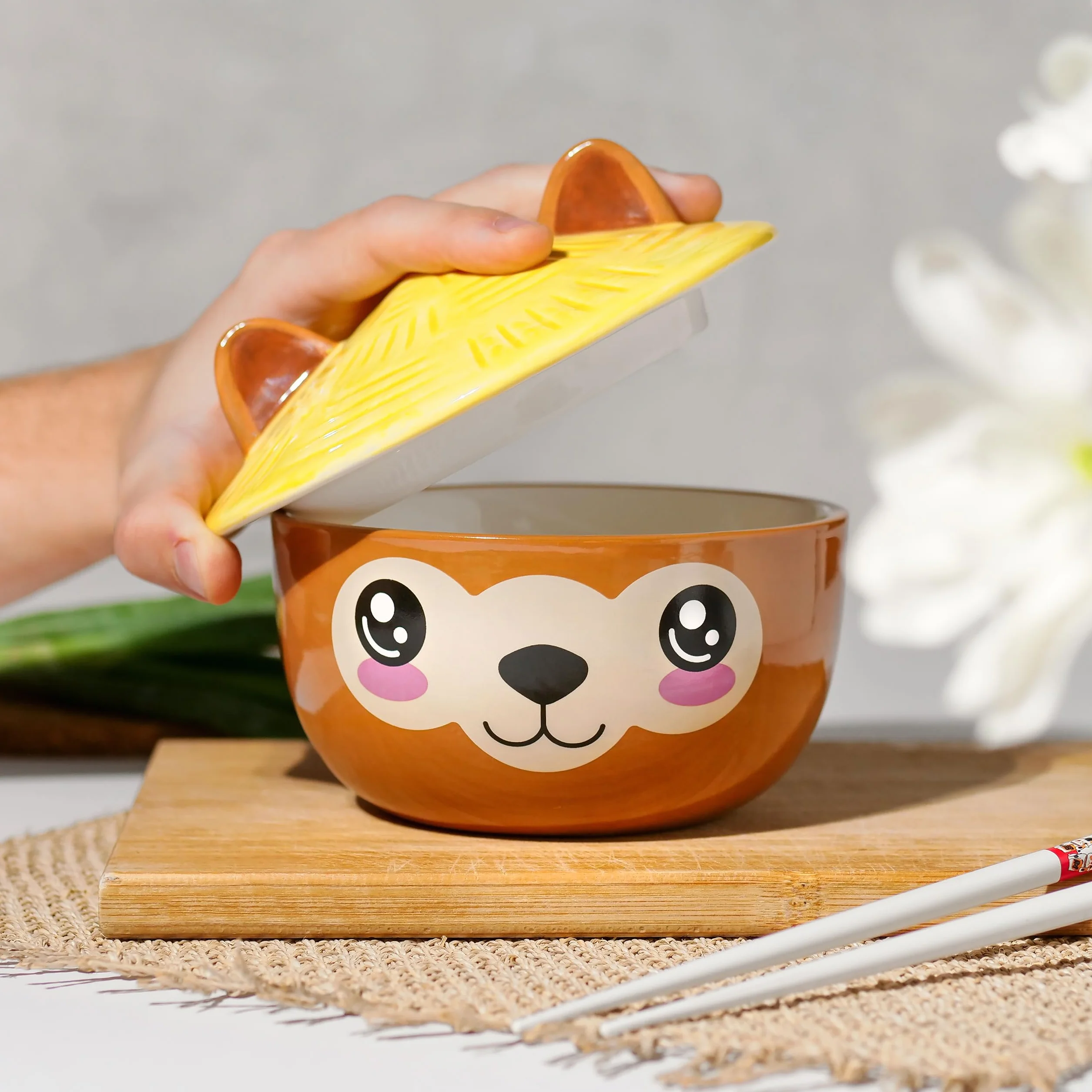 Elbenwald Alpaka Kawaii miska z pokrywką dla fanów anime Ramen miska na płatki śniadaniowe z nadrukiem dookoła 550 ml ceramiczna brązowy