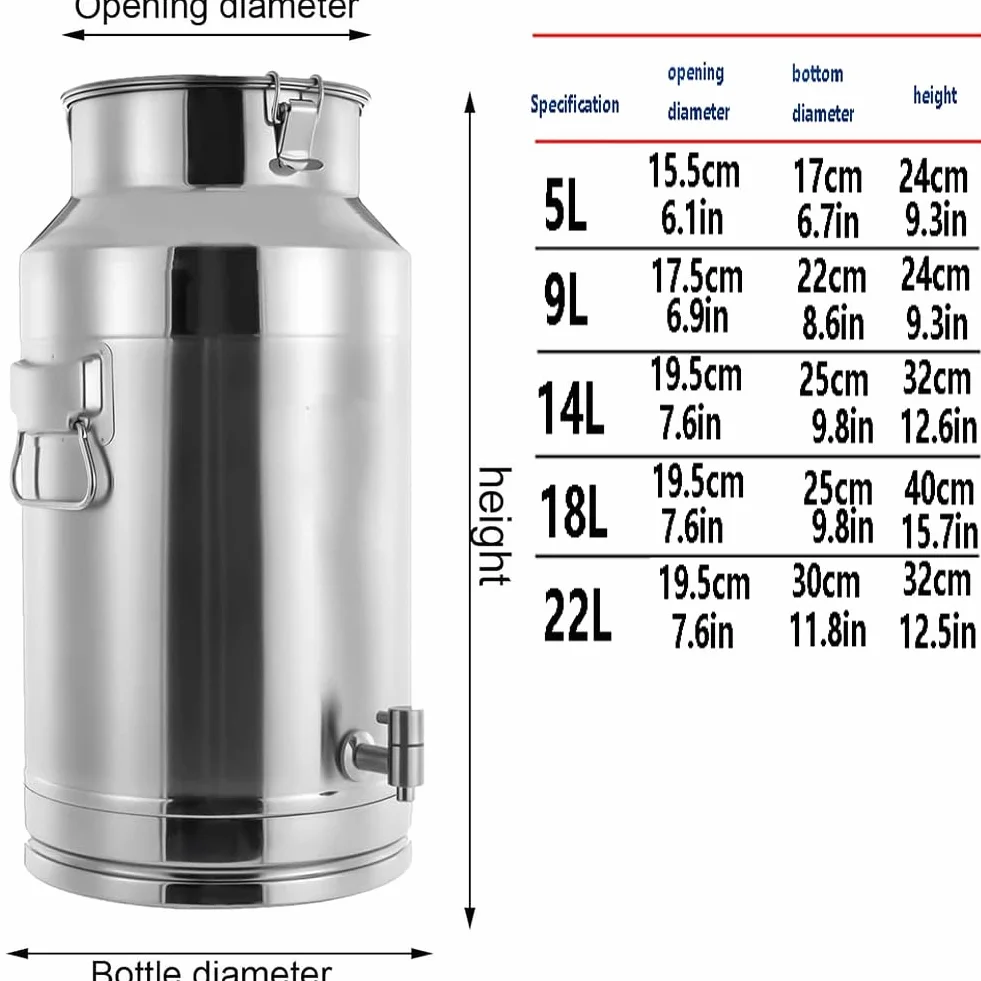 Puszka na mleko ze stali nierdzewnej z kranikiem, Wiadro na wino Wiadro Butelka Pojemnik na płyn Przechowywanie, Szczelny zbiornik na wino zbożowe w płynie,Silver,14L/3.7Gallon