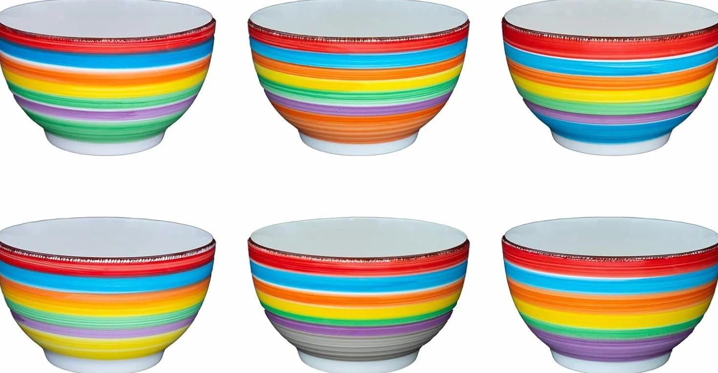 Zestaw 6 miseczek na musli, ceramiczne miseczki 600 ml, miski do sałatek, zupy, musli i zupy, miseczki na przekąski, musli, orzechy, lody, chipsy i inne przekąski, zestaw kolorowych misek (Ibiza)