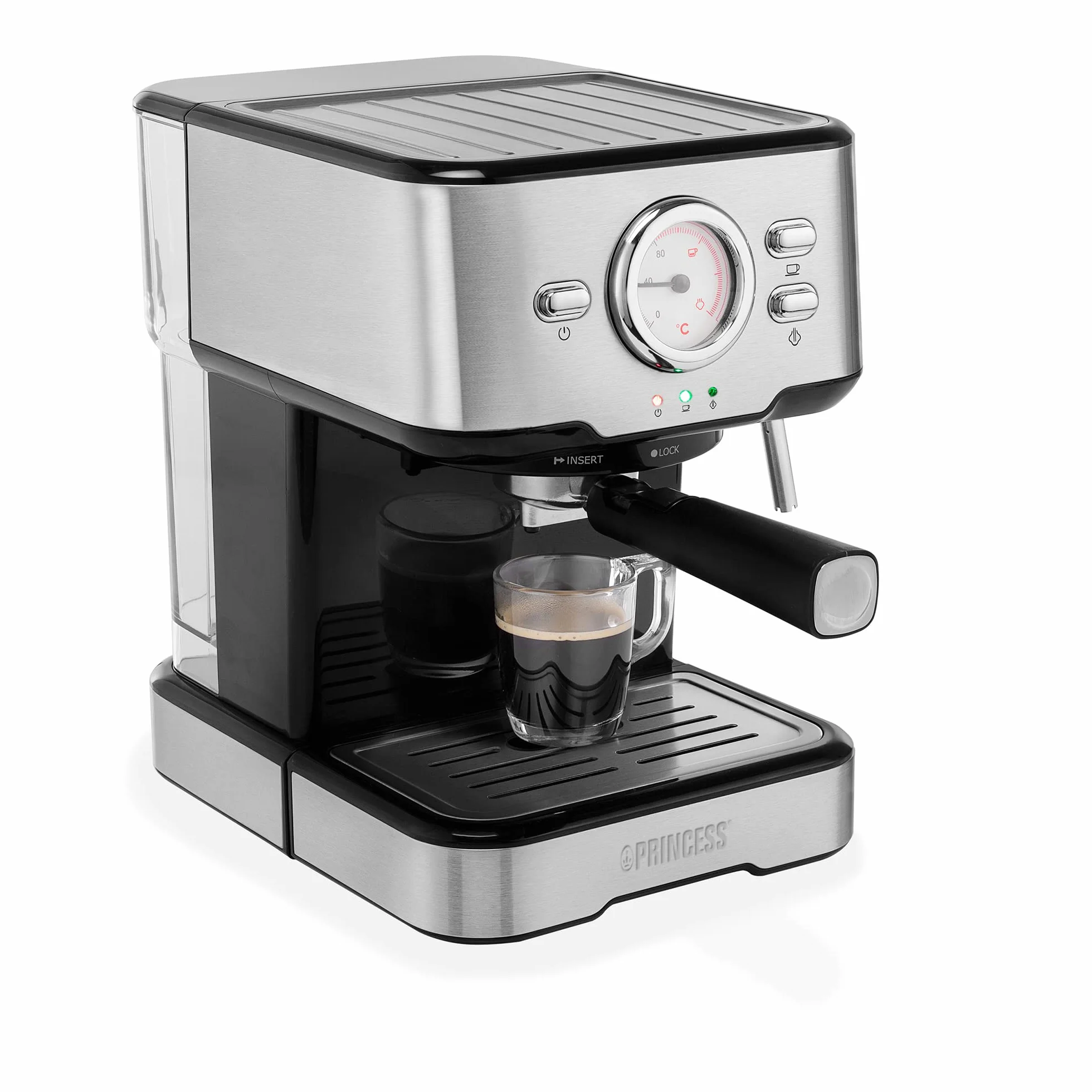 Princess 249412 ekspres do espresso i kapsułek, wykonany ze stali nierdzewnej, również w wariantach spienionego mleka, takich jak cappuccino, latte i espresso macchiato, 20 barów, srebrny
