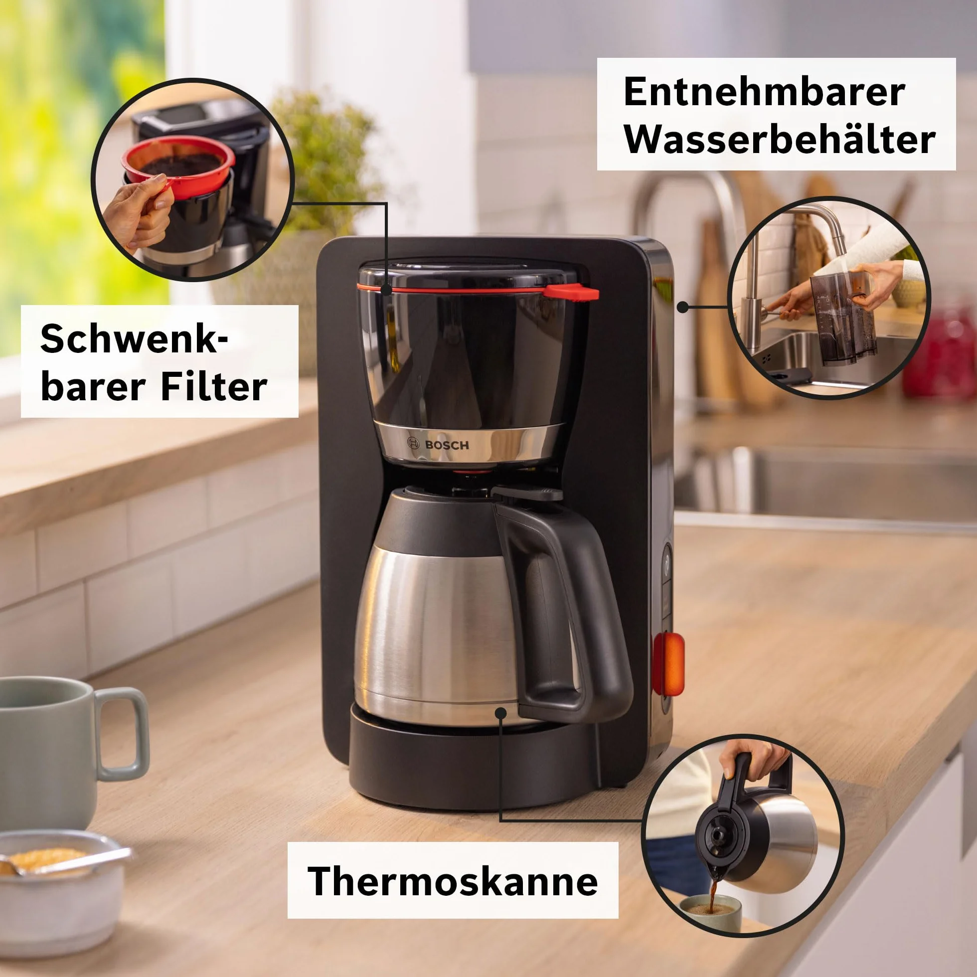 Bosch MyMoment TKA6M273 przelewowy ekspres do kawy, dzbanek termiczny 1 l, na 8-12 filiżanek, blokada kapania, obrotowy uchwyt filtrujący, program odkamieniania, zdejmowany zbiornik na wodę, 1200 W,