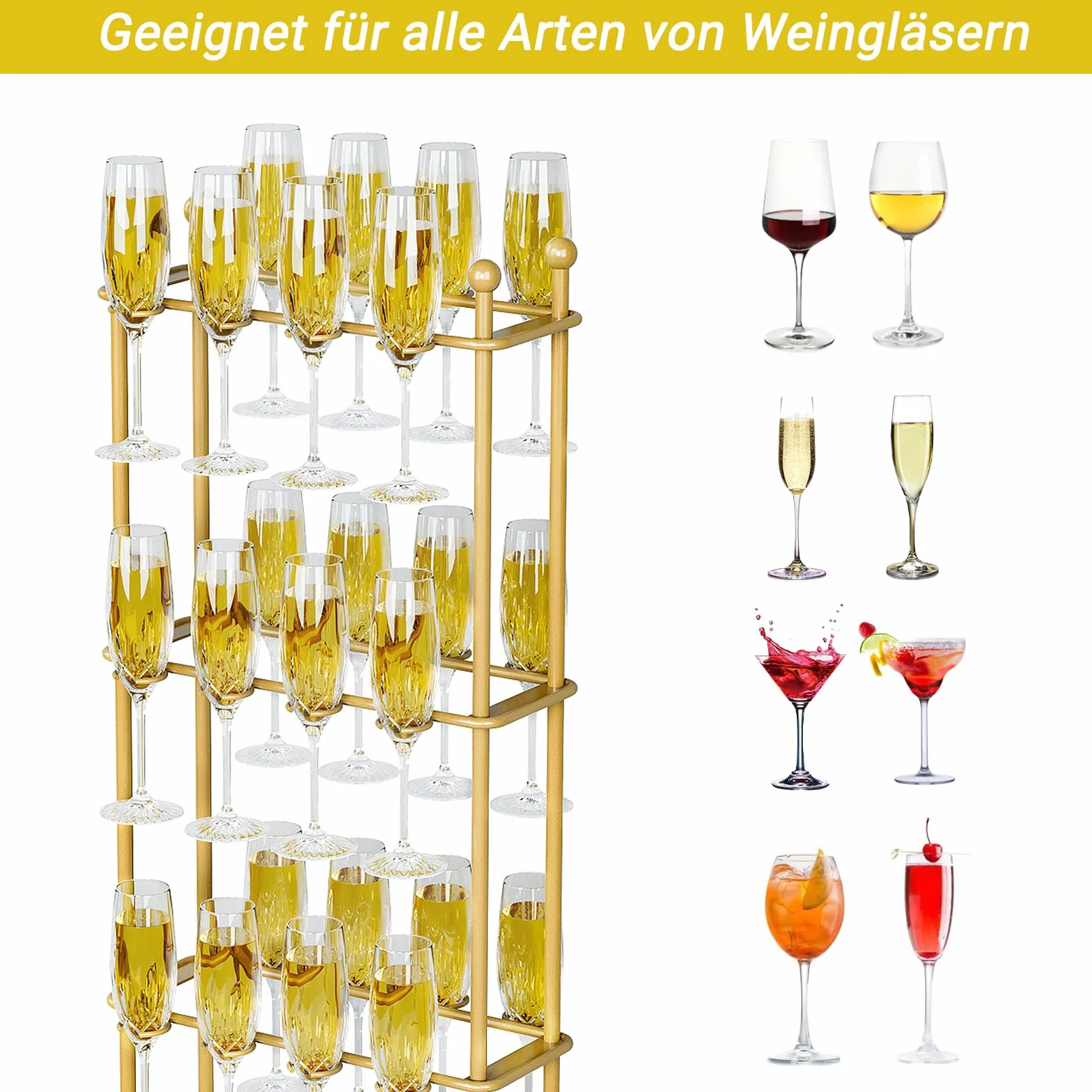 Tonchean Tower Gold, wieża szampańska 5 poziomów, 40 szklanek, Aperol Tower, metalowy stojak na koktajle, drzewko do serwowania, na imprezy, wesela, do pubów