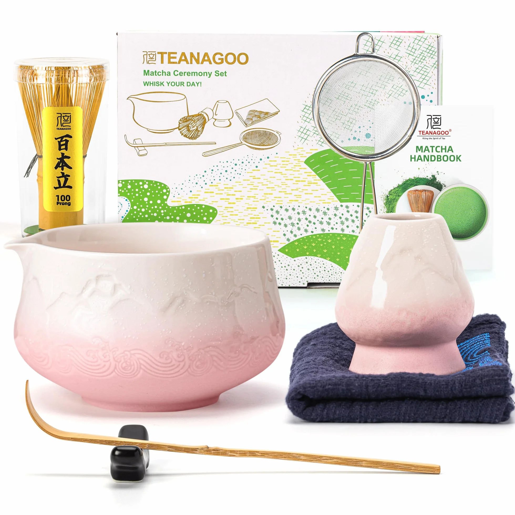 TEANAGOO Zestaw 7 trzepaczek Matcha, różowy zestaw matcha, zestaw do ceremonii matcha w proszku, zestaw do herbaty matcha do robienia latte, zestaw trzepaczka matcha i miska z miarką i przesiewaczem