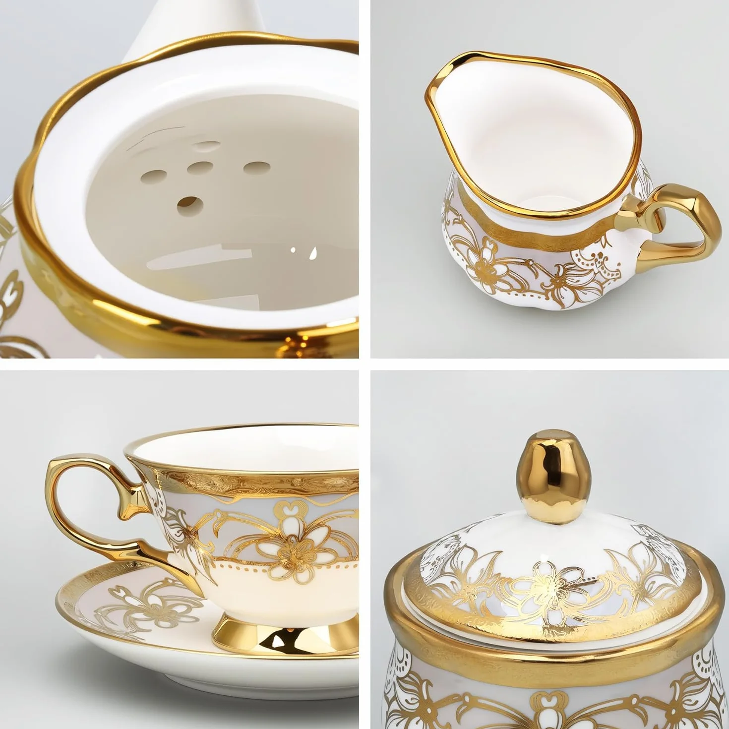 fanquare 21-częściowy porcelanowy serwis do herbaty z cukiernicą, dzbankiem na mleko, filiżankami i spodkami dla 6 osób, Królewski serwis do kawy z kwiatowym wzorem i złotym wykończeniem na przyjęcie