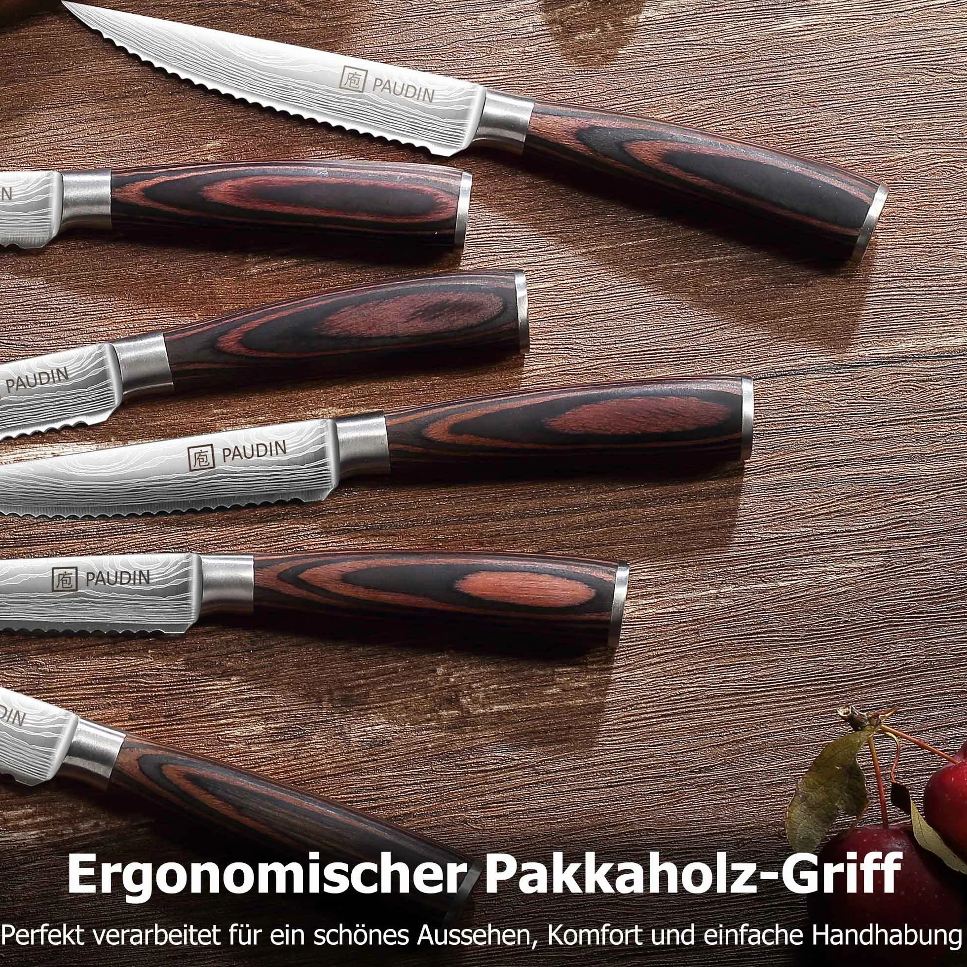 PAUDIN Zestaw 8 noży do steków ze stali nierdzewnej, ergonomiczny drewniany uchwyt, prezent