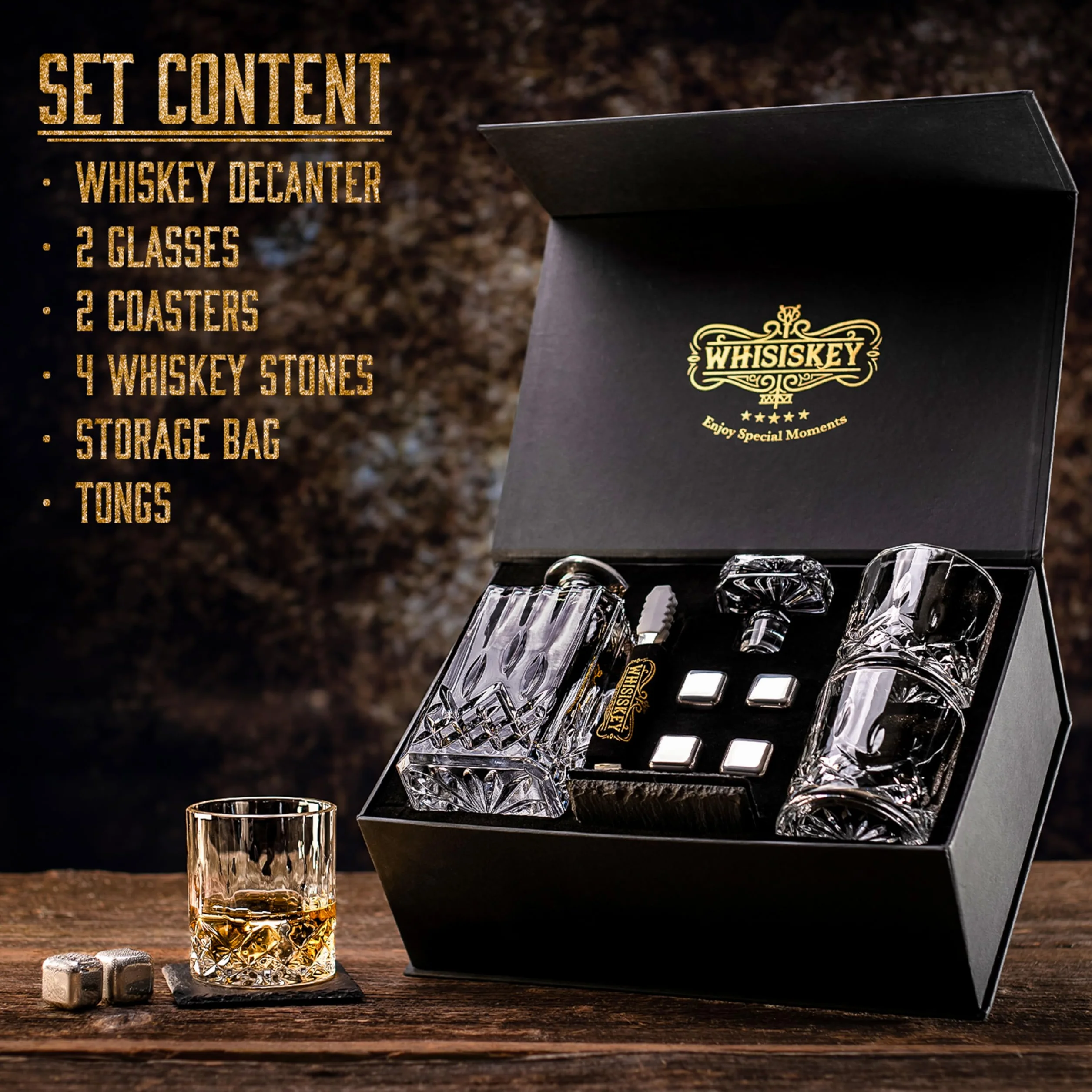 WHISISKEY Zestaw Karafka do Whisky - Zestaw Prezentowy Whiskey - Prezenty dla Mężczyzn - Pomysły na Prezent dla Mężczyzny - Klasyczna Karafka 700ML, 2 Szklanki do Whisky, 4 Kamienie do Whisky