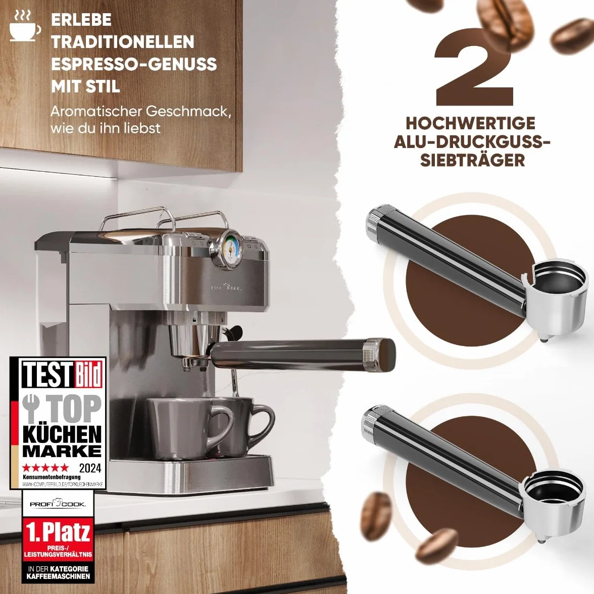 ProfiCook® ekspres do kawy, portafiltr, włoska profesjonalna pompa do espresso, 20 barów, do kawy w proszku i kapsułek kompatybilnych z Nespresso, portafilter do ekspresu do kawy, PC ES 1267
