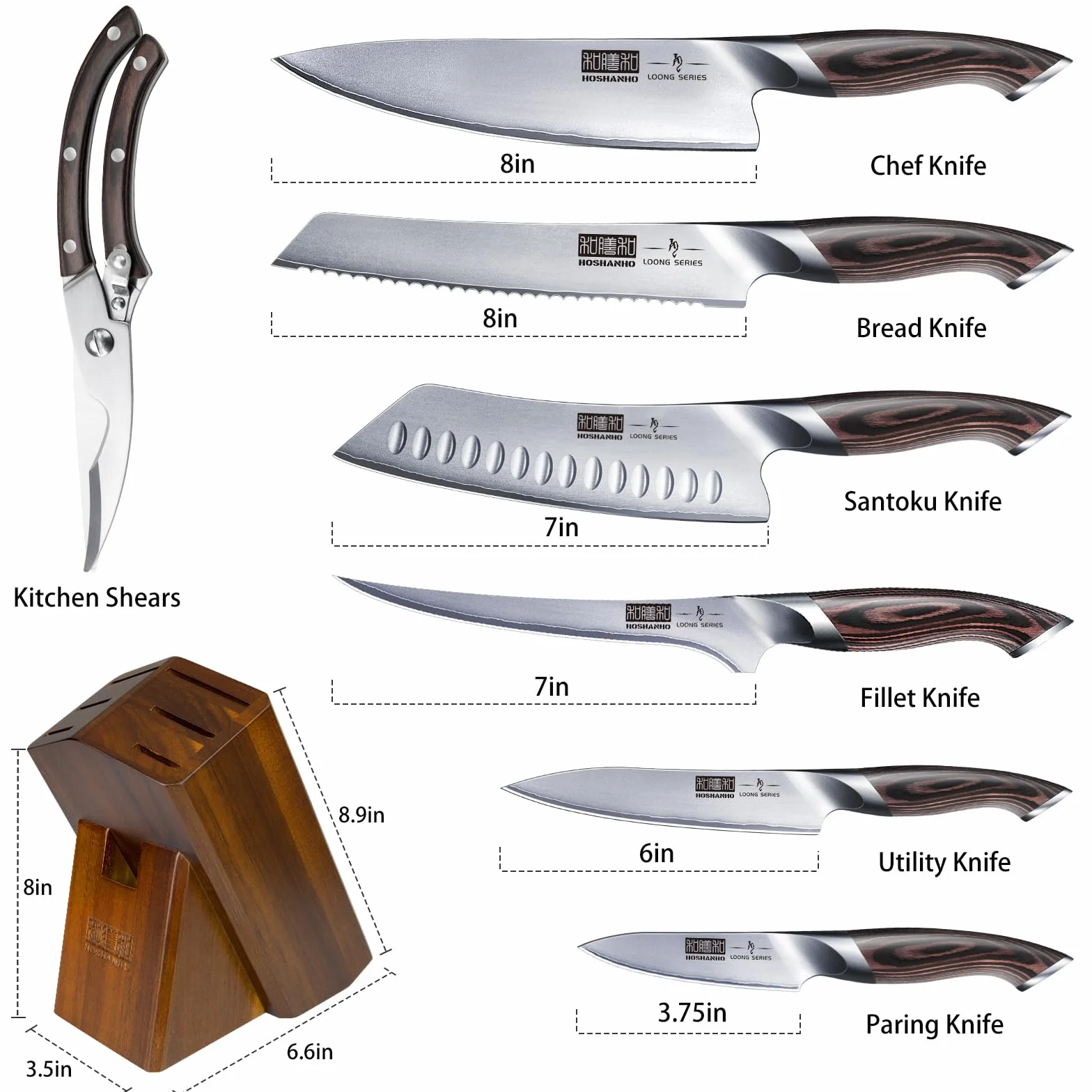 HOSHANHO 8-częściowy zestaw noży kuchennych, zestawy noży kuchennych z japońskim blokiem AUS-10 Super Steel, Ultra ostry profesjonalny zestaw noży szefa kuchni z nożyczkami