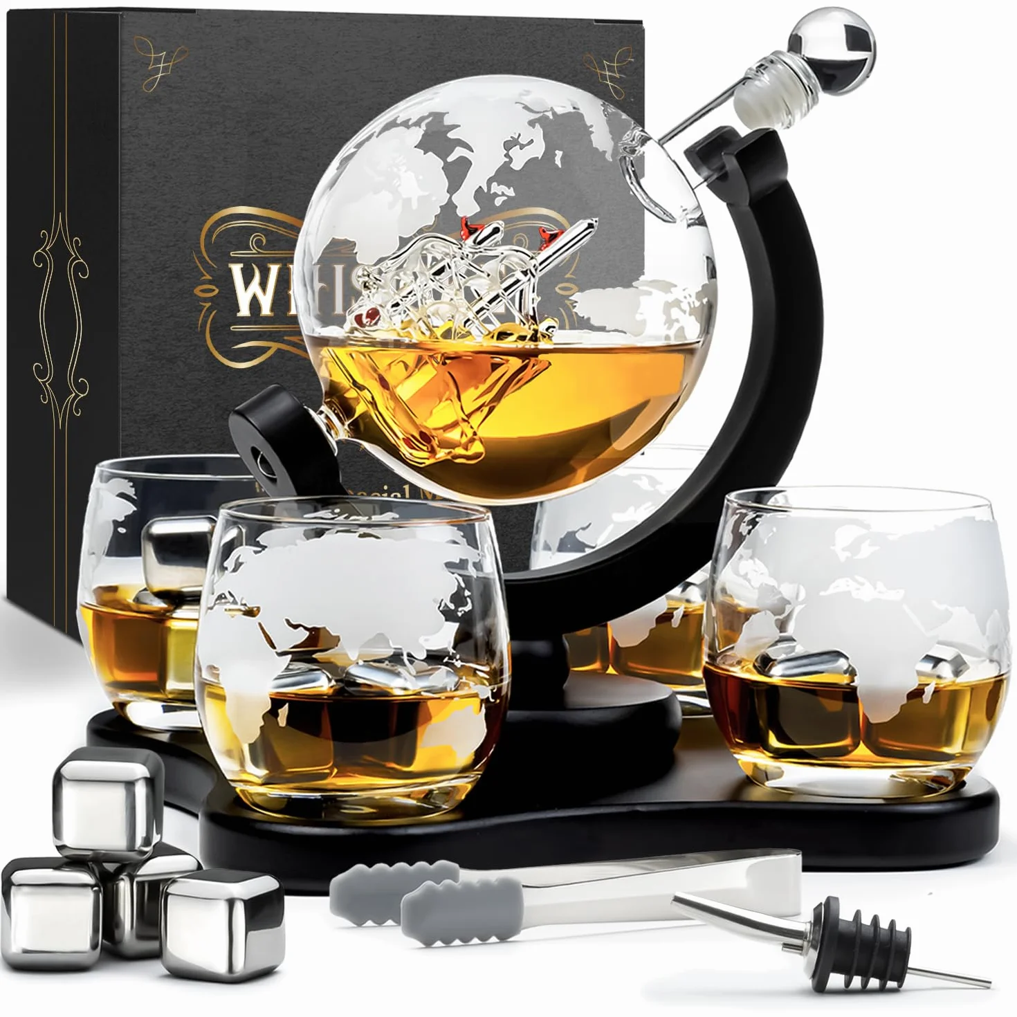 WHISISKEY Zestaw Karafka do Whisky - Zestaw Prezentowy Whiskey - Prezenty dla Mężczyzn - Pomysły na Prezent dla Mężczyzny - Kulista Karafka 900ML, 4 Szklanki do Whisky, 4 Kamienie do Whisky